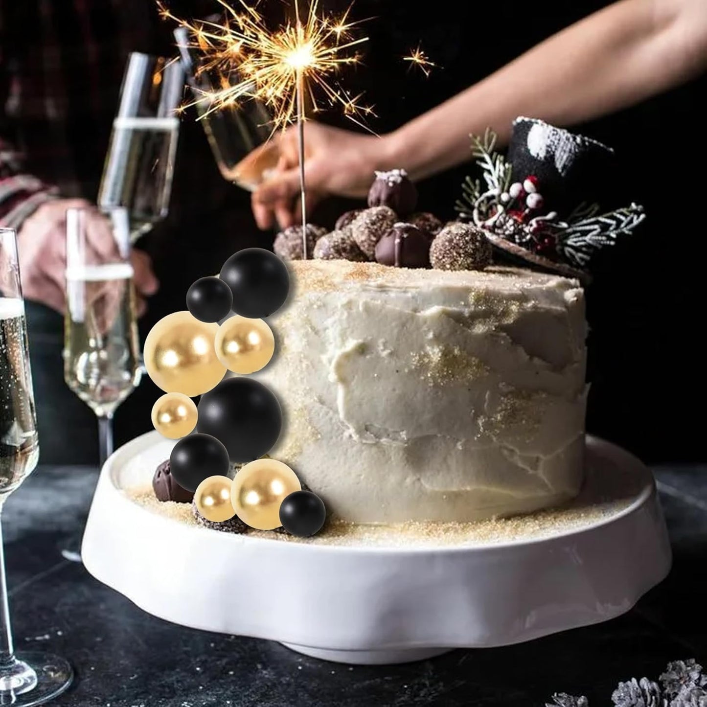 BEISHIDA 40 Pcs Ball Cake Toppers Mini Balls Cake Decorations Black Gold Foam Balls Sticks DIY Cake Topper for Baking Congrats Grade 2025 Graduation Birthday Retirement Party Decorations (Black Gold)