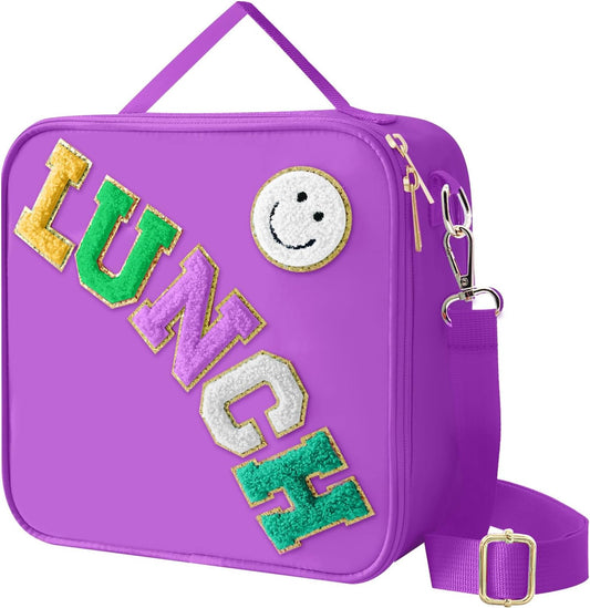 Insulated Lunch Bag With Adjustable Shoulder Strap, Nylon Preppy Lunch Box Large Insulated Lunch Bag Reusable Lunch Tote Bag with Smiley Preppy LunchBag for Girls School Travel Picnic (Dark purple)