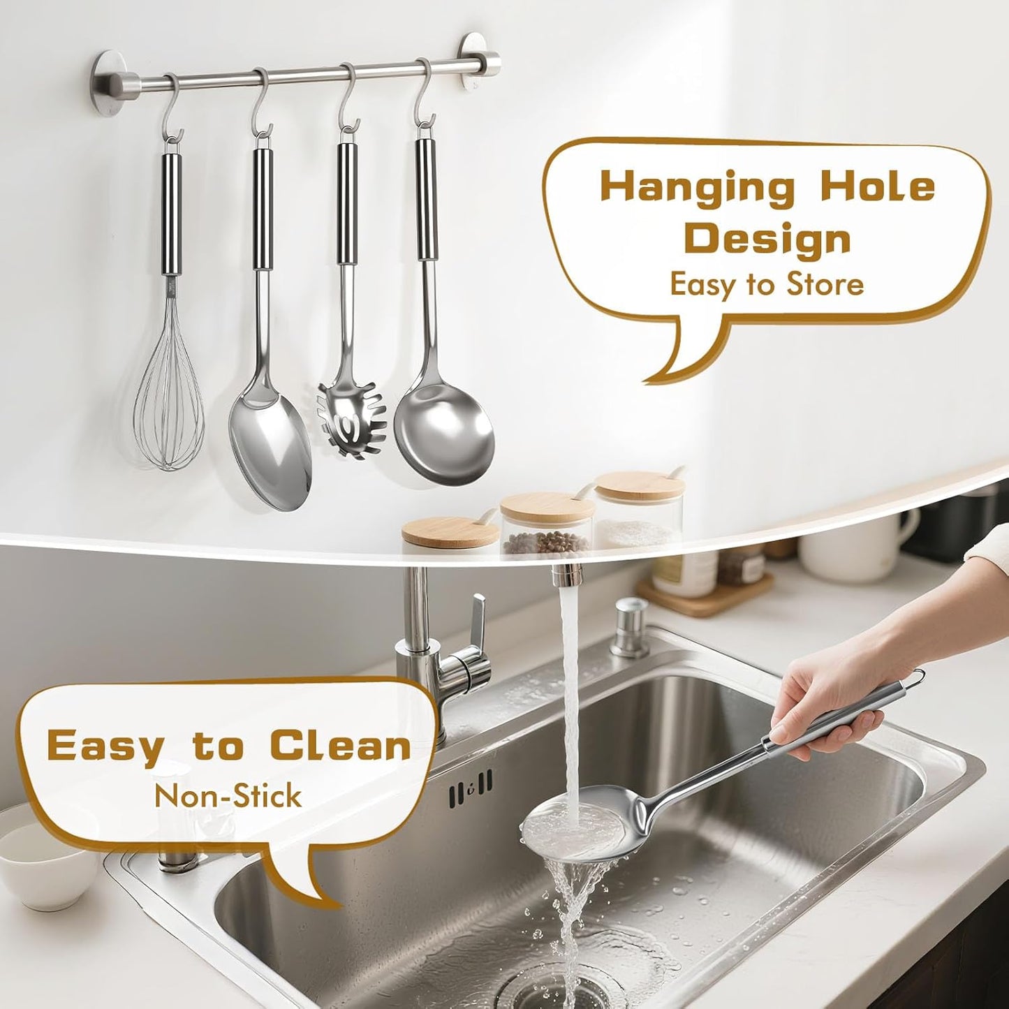 8 Pcs Cooking Utensils Set, Stainless Steel Kitchen Utensils, Heat Resistant Metal Kitchen Tools Include Solid & Slotted Spatula, Serving Spoon, Ladle, Pasta Server,Potato Maseher, Egg Whisk, Silver