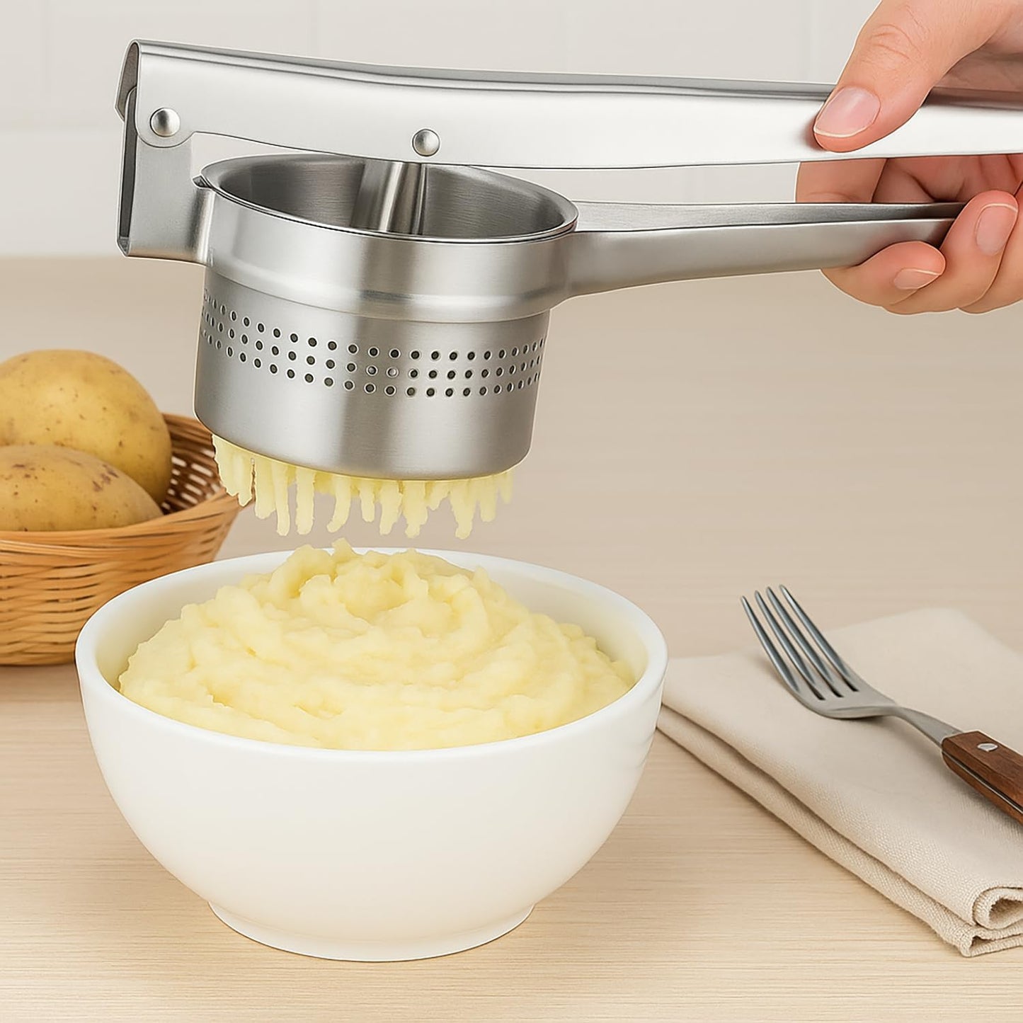 Stainless Steel Potato Ricer and Masher – Heavy Duty Manual Press for Smooth Mashed Potatoes, Baby Food, Vegetables, Garlic – Ergonomic Non-Slip Handle Kitchen Tool for Cooking Prep