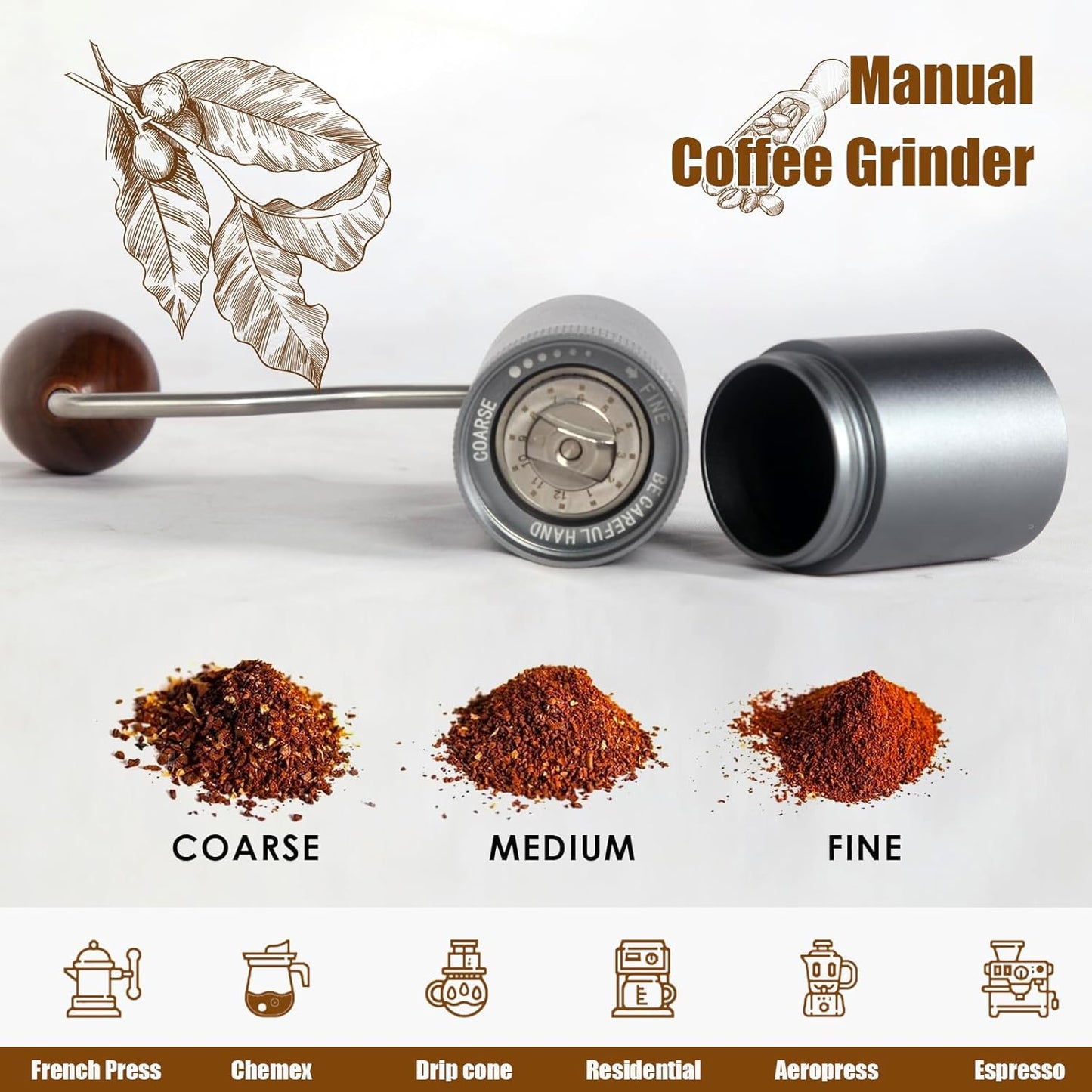 Manual Coffee Grinder - Precision CNC Stainless Steel Burr Grinder with Adjustable Settings, Grey Blue, Double Bearings for Smooth Grinding - Ideal for Home, Office, and Camping Espresso Enthusiasts