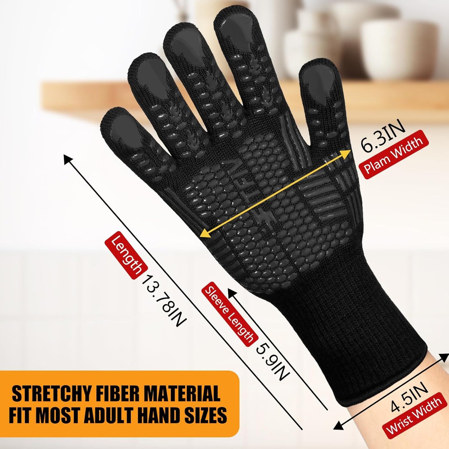 BBQ Gloves, Oven Gloves, Extreme Heat Resistant Barbecue Gloves, Silicone Non-Slip Oven Mitts, Kitchen Gloves for Cooking, Grilling, and Baking (Black)