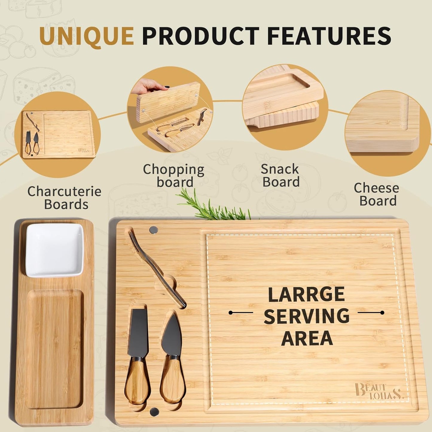Charcuterie Boards Bamboo Cheese Board with Knife Set, Serving Tray, Gifts for Women, Housewarming Gifts for New Home, Wedding Gift for Couples 2025 (With 1 Bowl)