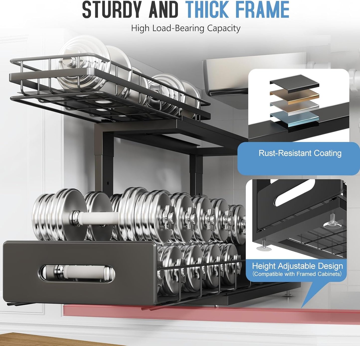 2 Pack 18 IN Depth Under Sink Organizer with Smooth Ball Bearing Slides,2-Tier Pull Out Cabinet Storage,Slide Out Drawers for Bathroom&Kitchen,Rust-resistant Coating,Height Adjustable-Black