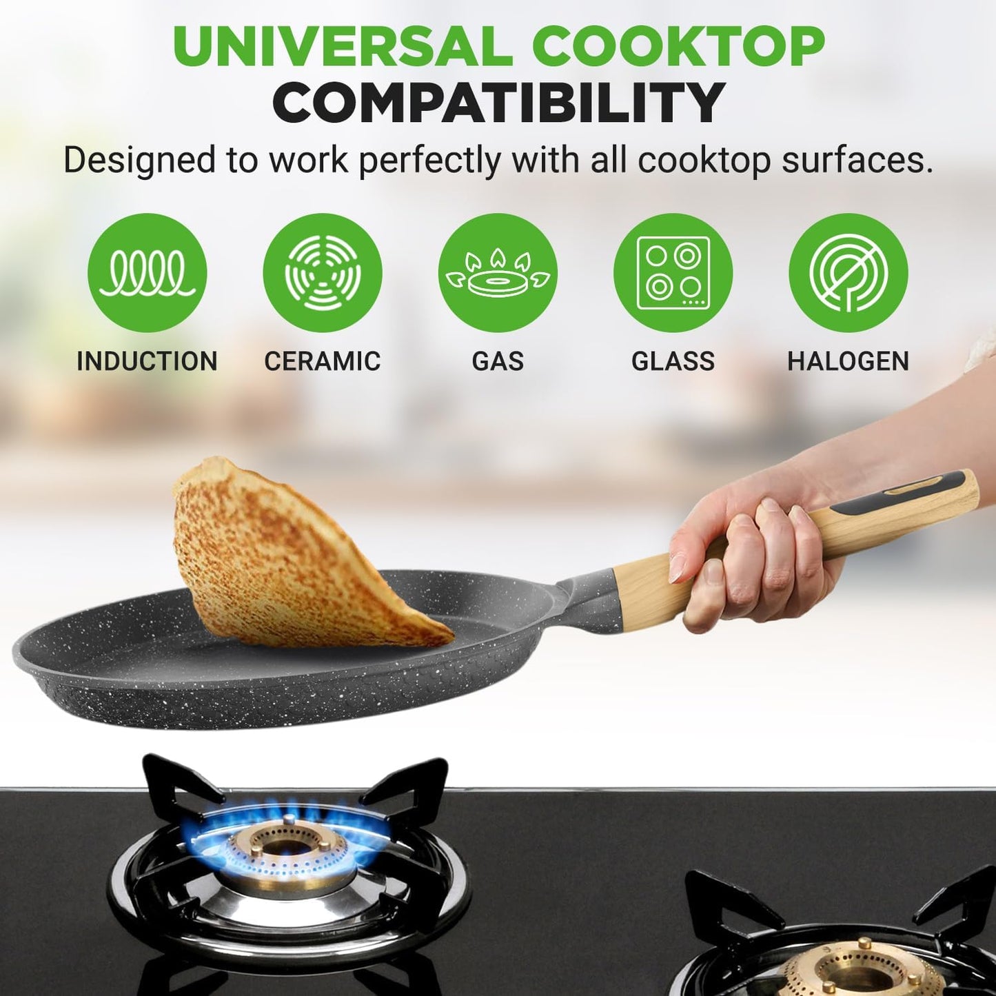 NutriChef 11” Non-Stick Crepe Pan with Wooden Spreader, Durable Marble Coated Dosa Pan, Bakelite And Wood Handle With Induction Bottom, Easy-to-Clean, Stain-Resistant (Black Marble)
