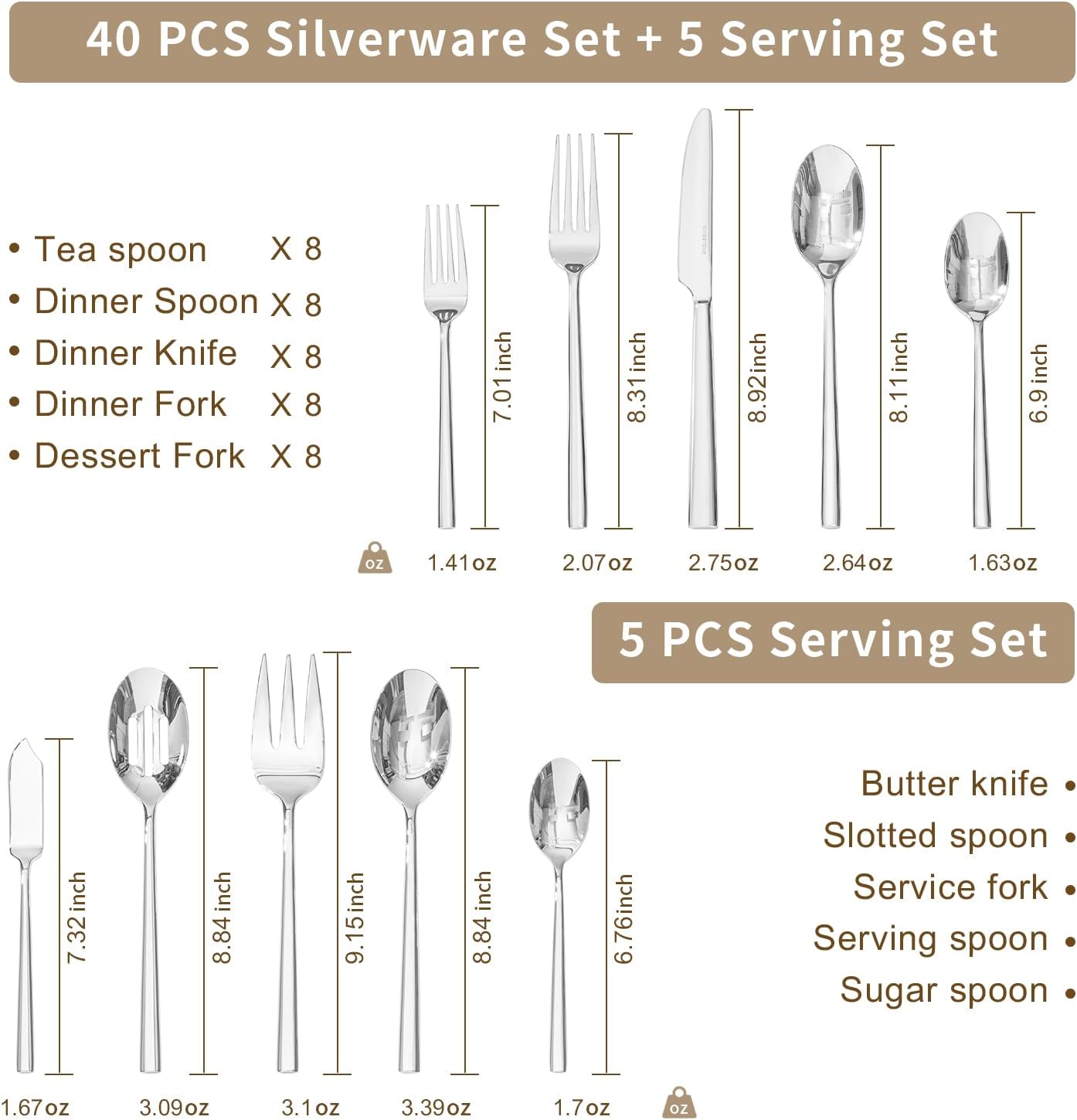 KINGSTONE Silverware Set with Serving Utensils, 45-Piece Forged Flatware Set Cutlery Set Premium Stainless Steel, Service for 8, for Kitchen, Home, Wedding, Party, Mirror Polished and Dishwasher Safe