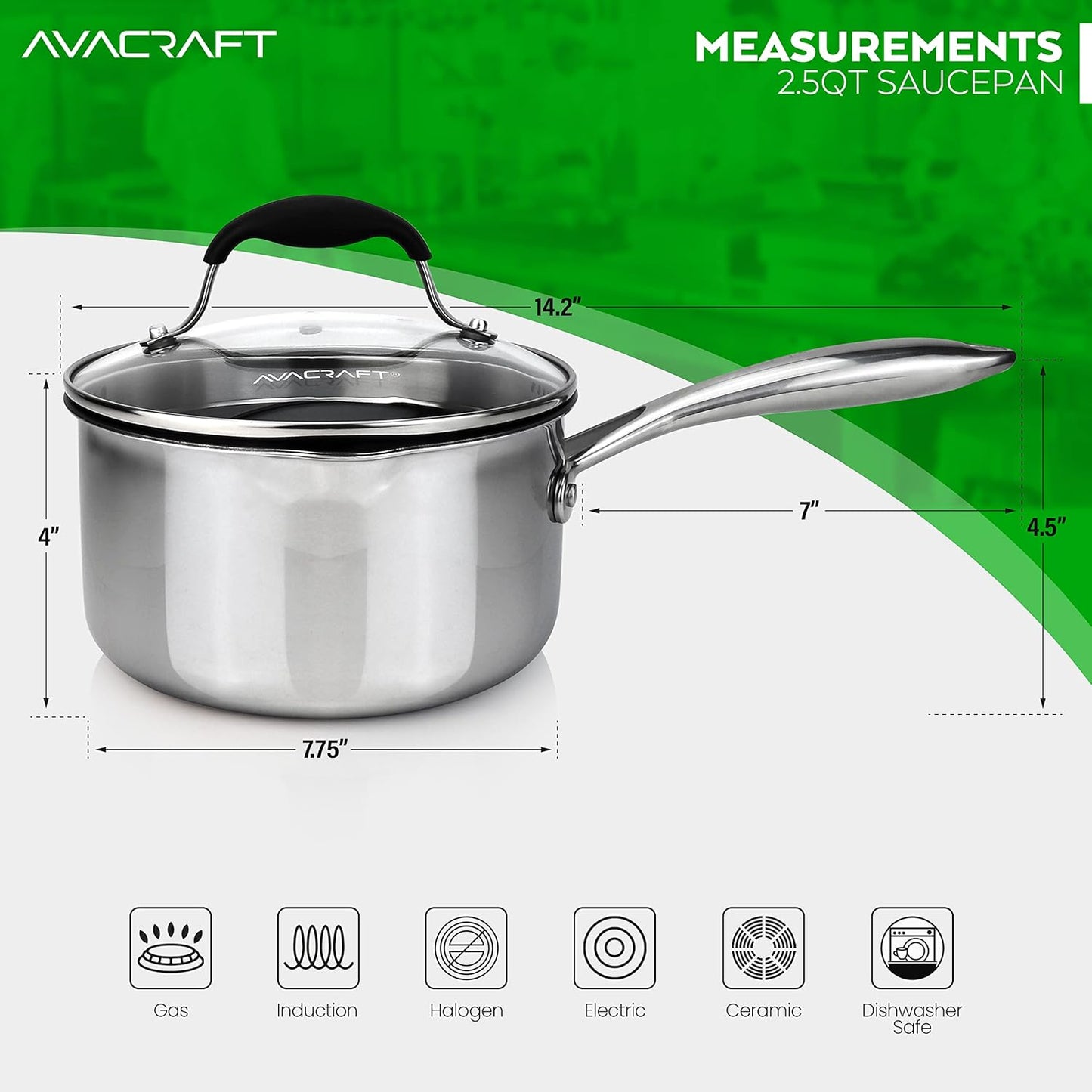 AVACRAFT Nonstick Saucepan with Glass Lid, Strainer Lid, 100% PTFE, PFOA Toxins Free, Two Side Spouts for Easy Pour, Multipurpose Sauce Pan with Lid, Ceramic Sauce Pot (2.5 QT Non-Stick Saucepan)