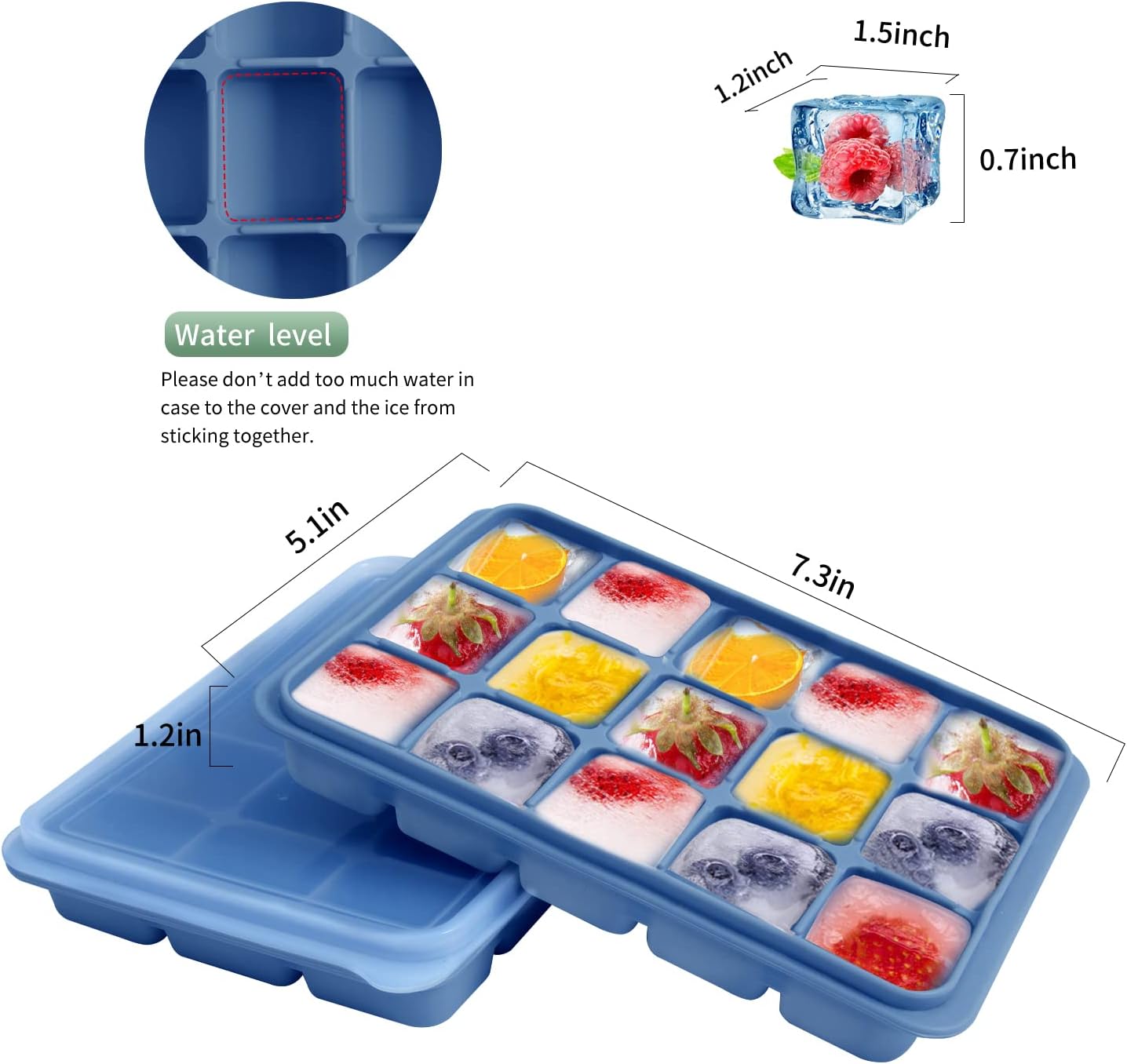 Ice Cube Trays Set of 2, Easy Release 15 Flexible Silicone Ice Cube Molds with Removable Lid Reusable Freezer Ice Trays Stackable for Whiskey, Baby Food, BPA Free (BLUE)