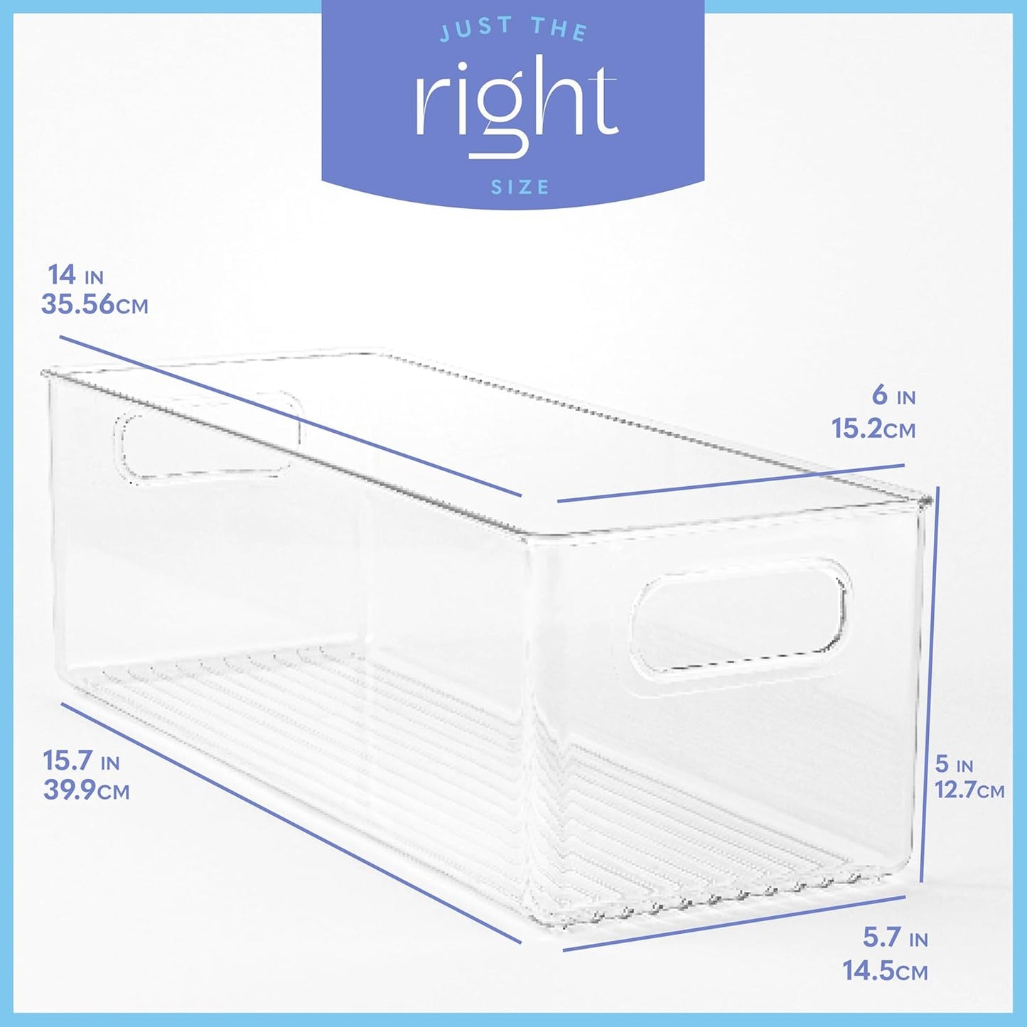 Plastic Food Storage 4 Pack Clear Container Bin with Handles for Organizing Kitchen, Pantry, Fridge, Freezer, Pantry, Bathroom. 14"x6"5"