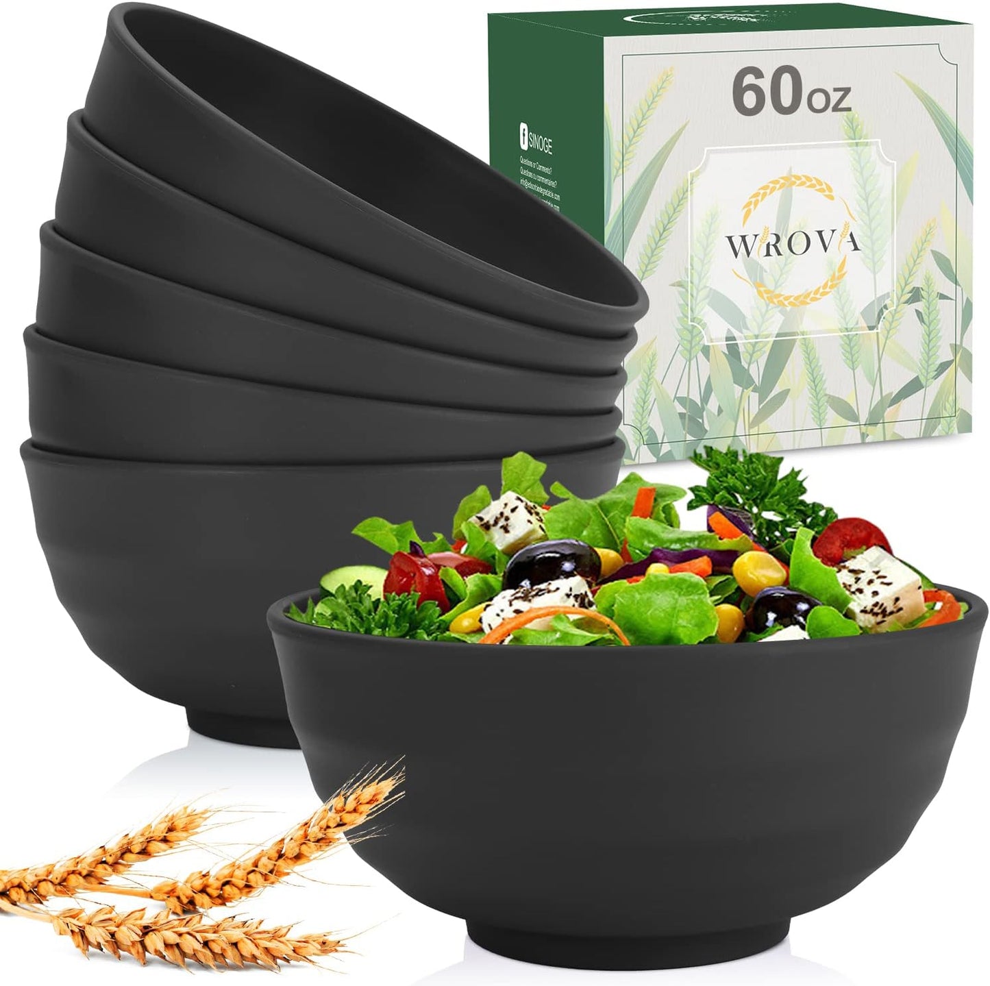 Wheat Straw Bowls Set 60 OZ Unbreakable Large Cereal Bowls Set of 6 Microwave and Dishwasher Safe Bowls Big Bowls for Camping and Picnic BPA Free Soup Bowl for Serving Oatmeal and Salad. Black