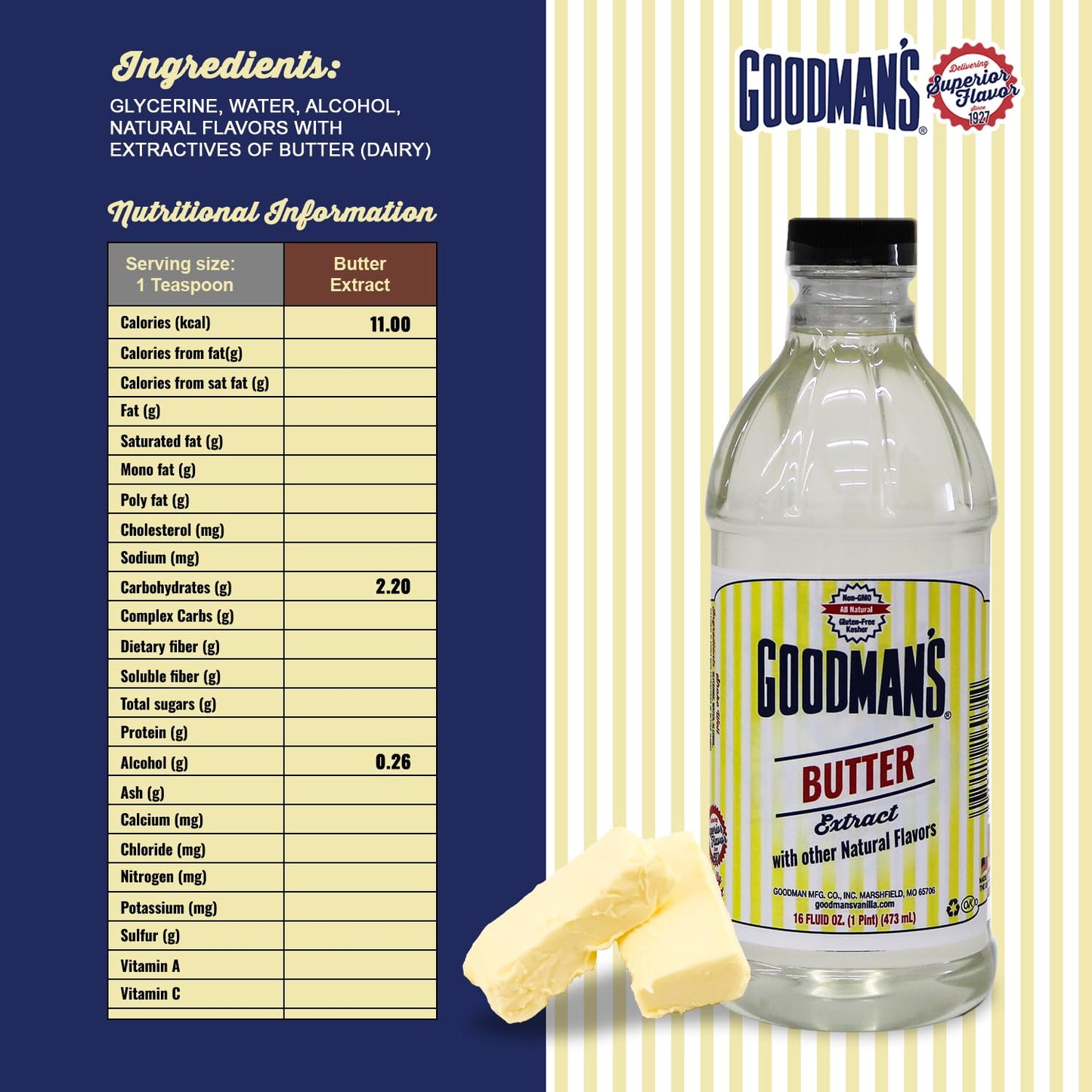 Goodman's Butter Extract - Gluten-Free, Non-GMO, Low Carb & Calorie, No Artificial Color - Safe for Dairy Sensitivities, Ideal for Baking - 1 Pint