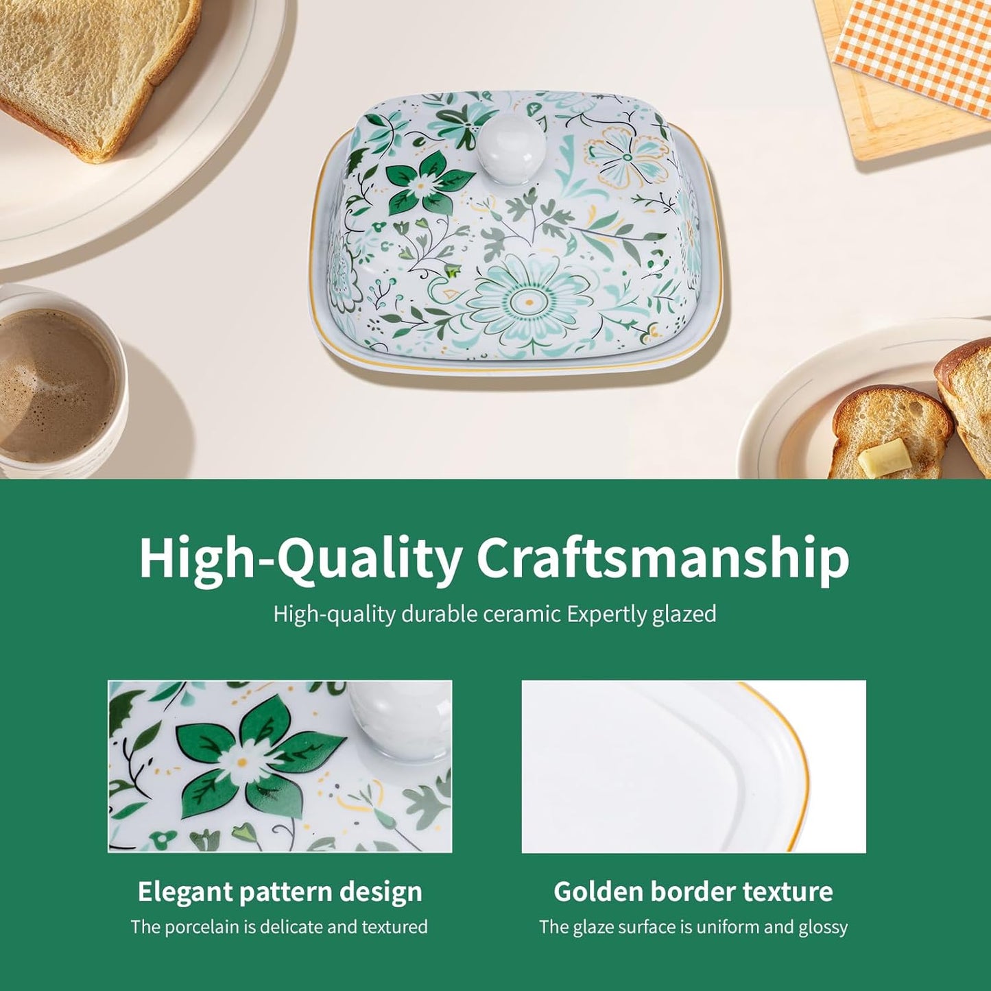 Butter Dish With Lid For Countertop-Ceramic Butter Dish with Knob Handle-Dishwasher Safe Butter Keeper&Serving Tray,Large Storage Keeper Holder for Kitchen-Elegant Gift for Women,Mothers,Housewarming