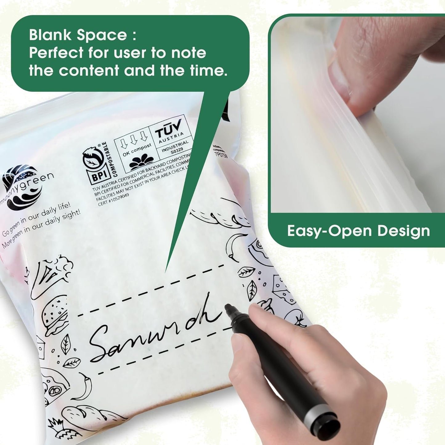 Compostable Food Storage Bags, Resealable Sandwich Bags, 50 Count, 6.7 x 6.8 inches, Extra Thick, Certified US BPI ASTM D6400 Europe OK Compost