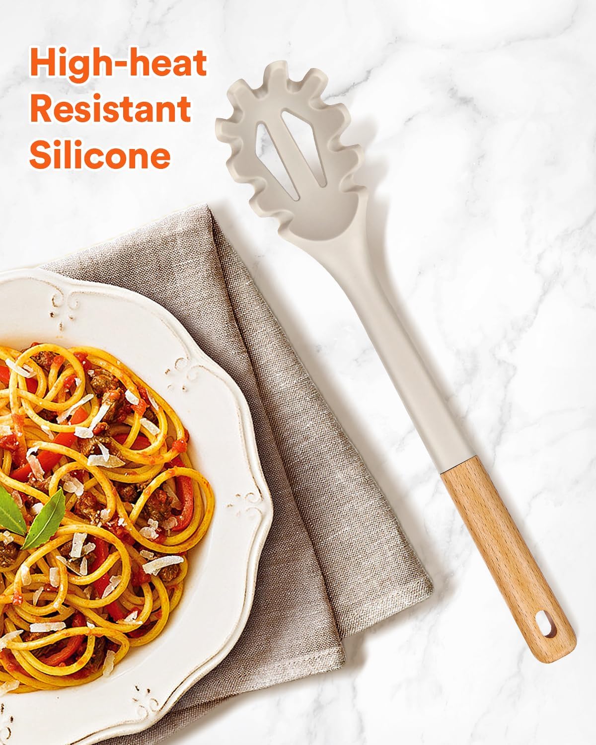 Silicone Pasta Fork And Cooking Spoon, Kitchen Heat Resistant Noodle Spoon Server, BPA Free Spaghetti Strainer,12.8 inch