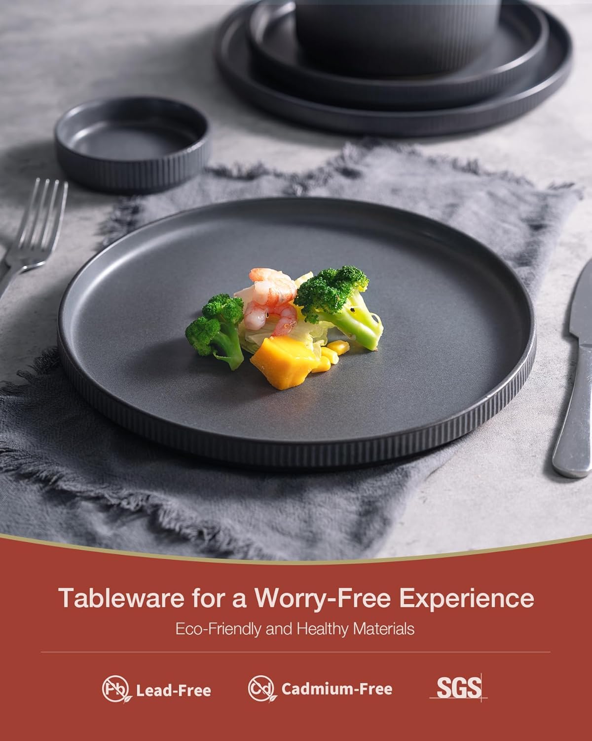 Famiware Star Plates and Bowls Sets, Modern Stoneware Dinnerware Sets for 6, 18-Piece Kitchen Dish Set - Chip and Scratch Resistant, Microwave and Dishwasher Safe Tableware, Matte Dark Charcoal