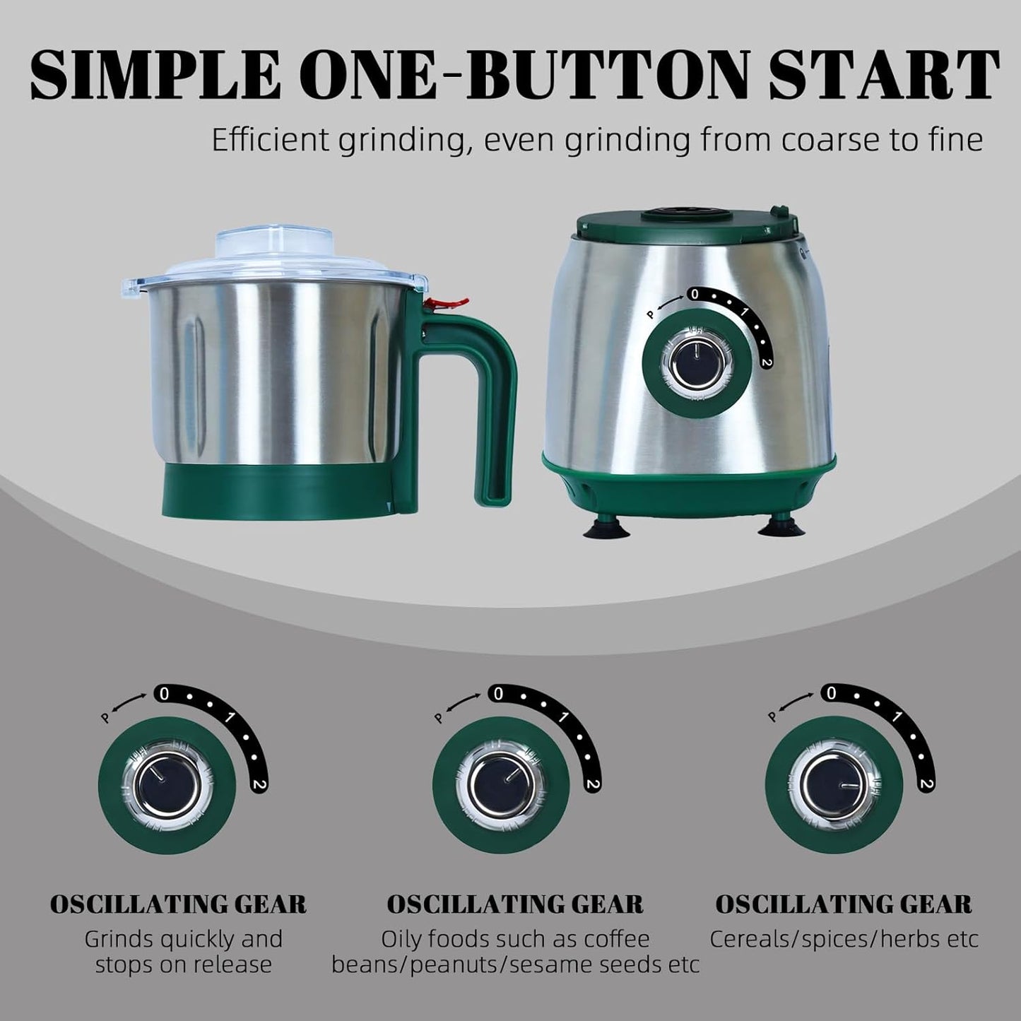 Versatile Kitchen Grinder | 500W Electric Mill | Grinds Spices, Nuts, Grains, Coffee | 3 Stainless Steel Blades | Wet & Dry Use (Green)