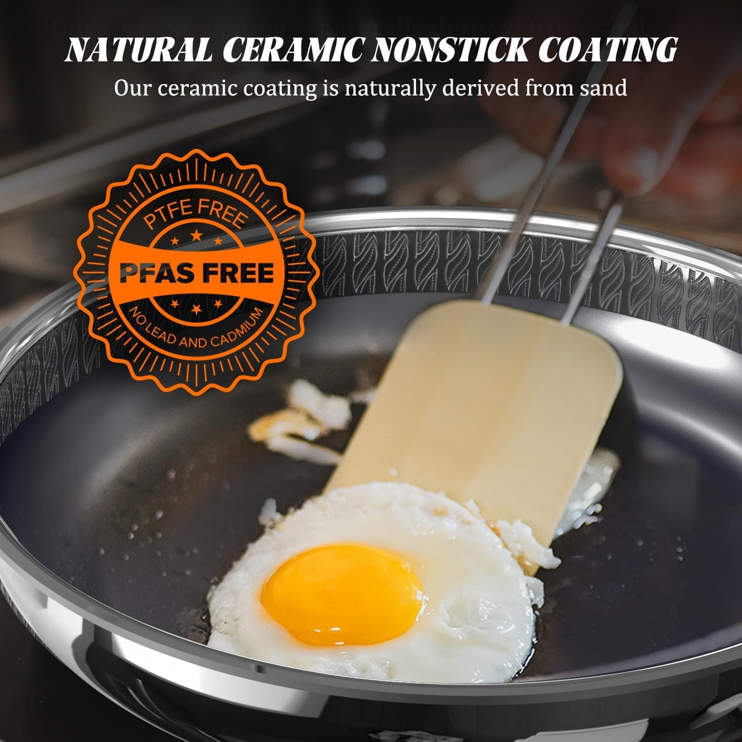 10" Hybrid Ceramic Nonstick Frying Pan, 3-Ply Stainless Steel Skillet, 2-Layer Coating, PFAS & PTFE Free, 9H Hardness & Corrosion Resistance, Dishwasher Safe, Induction Compatible-Black