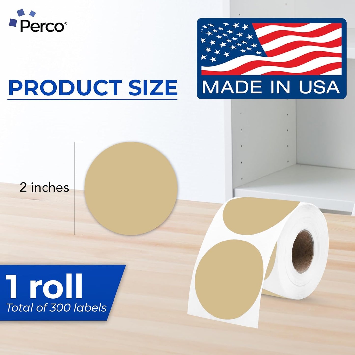 Perco Light Brown 2-inch Round Circle Thermal Sticker Labels - 300 Labels/Roll, Direct Thermal Printer Compatible, Permanent Adhesive, Vibrant Colors, Strong Hold, Perforated for Easy Use—Made in USA