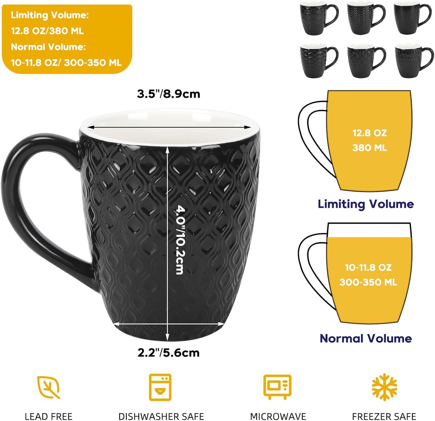 Schliersee 12 OZ Black Ceramic Coffee Mugs Set 6, Stylish Embossed 6 Patterns Coffee Cups Set for Coffee, Tea, Milk, Cocoa, Cereal, Water, Microwave Safe