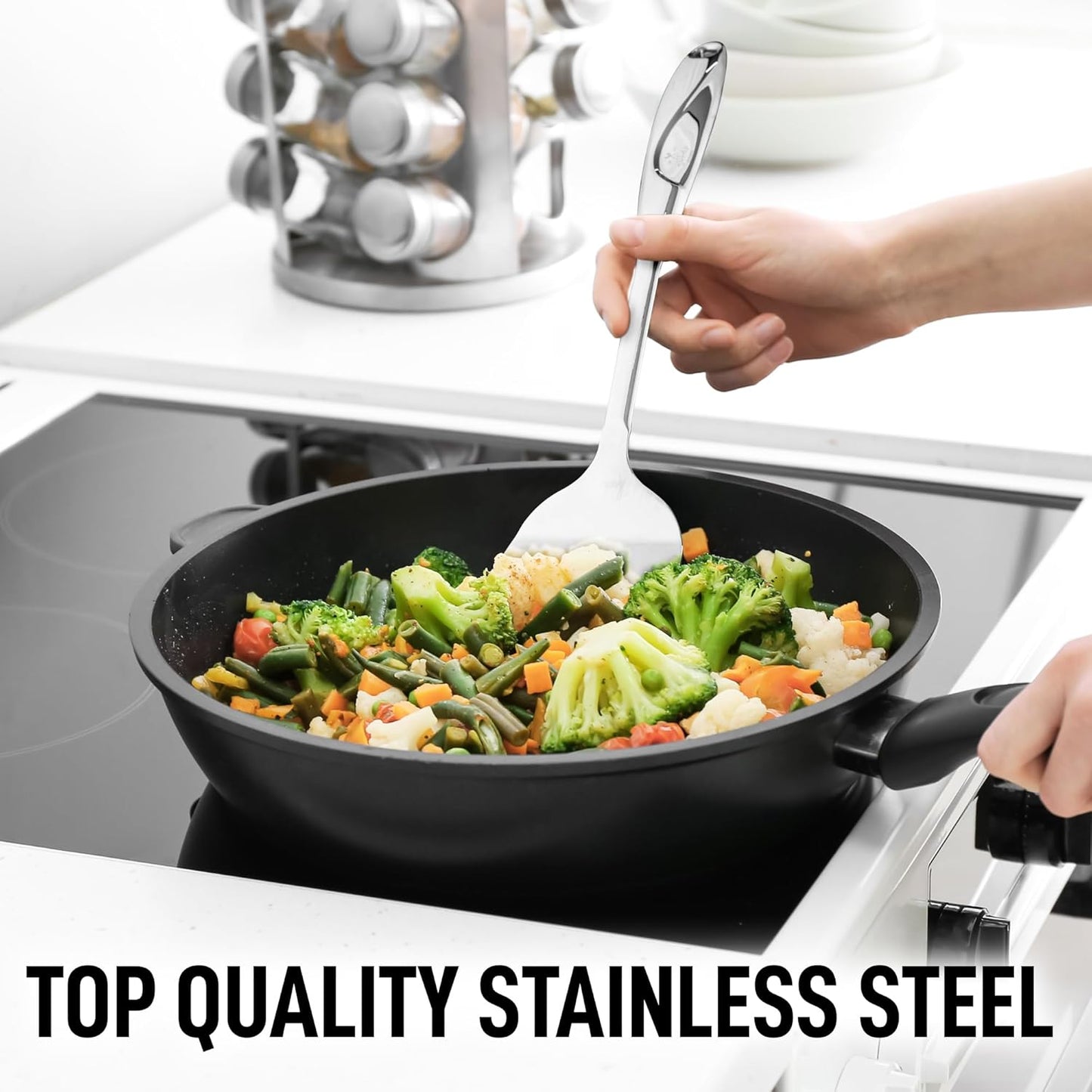 Zulay Kitchen Premium Stainless Steel Metal Spatula - Cooking Spoon Turner - Durable Cooking Utensil with Ergonomic, Easy to Use Handle - Easy to Clean, Perfect for at Home Cooks & Chefs - 15”