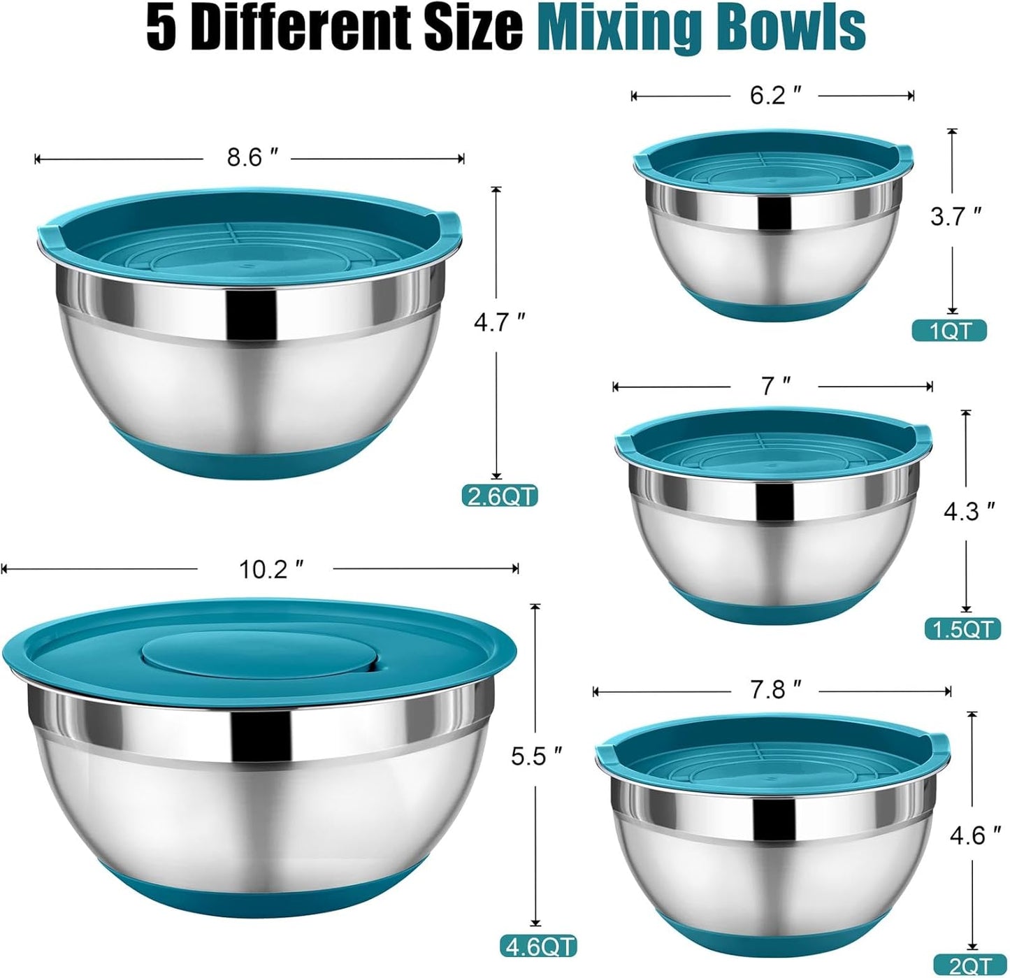 P&P CHEF Mixing Bowl with Lid Set, 5 Piece Stainless Steel Mixing Nesting Bowls for Salad Storage, 3 Grater Attachments & Non-Slip Bottoms, Size 1/1.5/2 / 2.6/4.6 QT, Blue