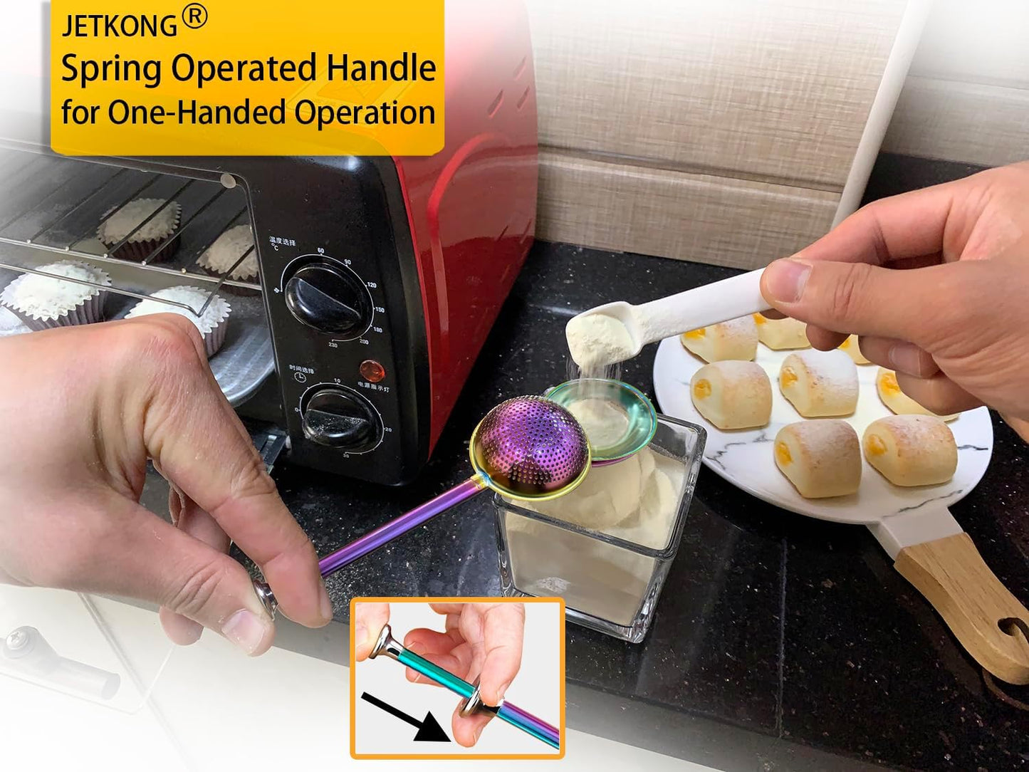 JETKONG Powdered Sugar Shaker Duster Flour Dispenser Shaker with 18/8 Stainless Steel Spring-operated Handle for Sugar Flour and Spices (Rainbow)