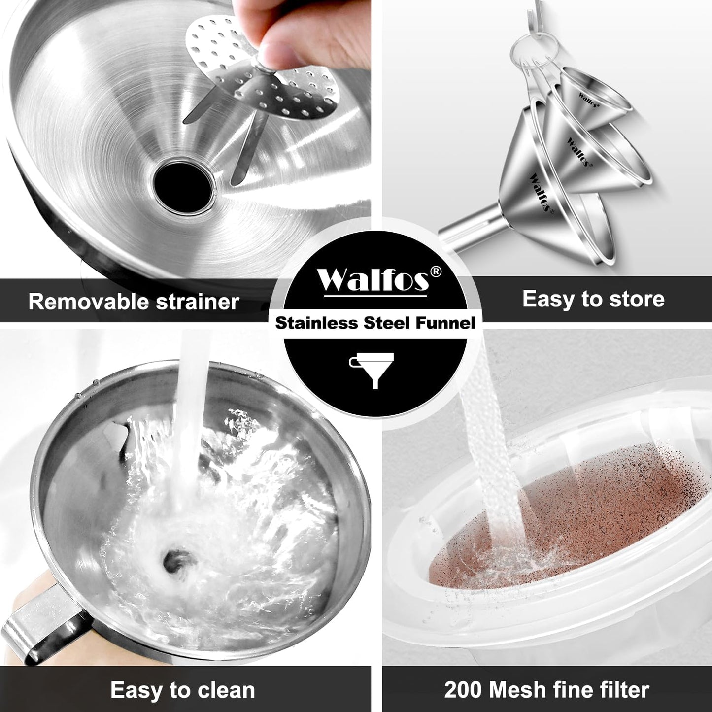 Stainless Steel Funnel, Walfos 6 Different Sizes of Kitchen funnels with 2 Removable Strainer ＆ 1Pcs Cleaning Brush, 200 Mesh Food Filter Strainer,for Transferring of Liquid, Oils, Jam, Powder
