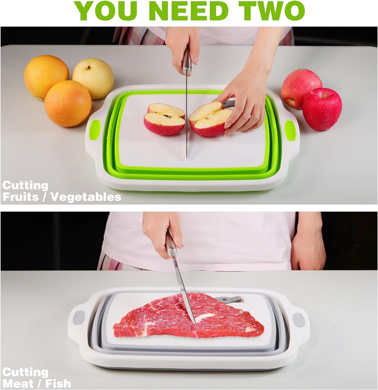 2 Pack Collapsible Cutting Board, Foldable Dish Tub with Draining Hole, Portable Chopping Board with Colander, 3 in 1 Multifunction Camping Sink for Washing Dish, Bowl, Vegetables and Fruit