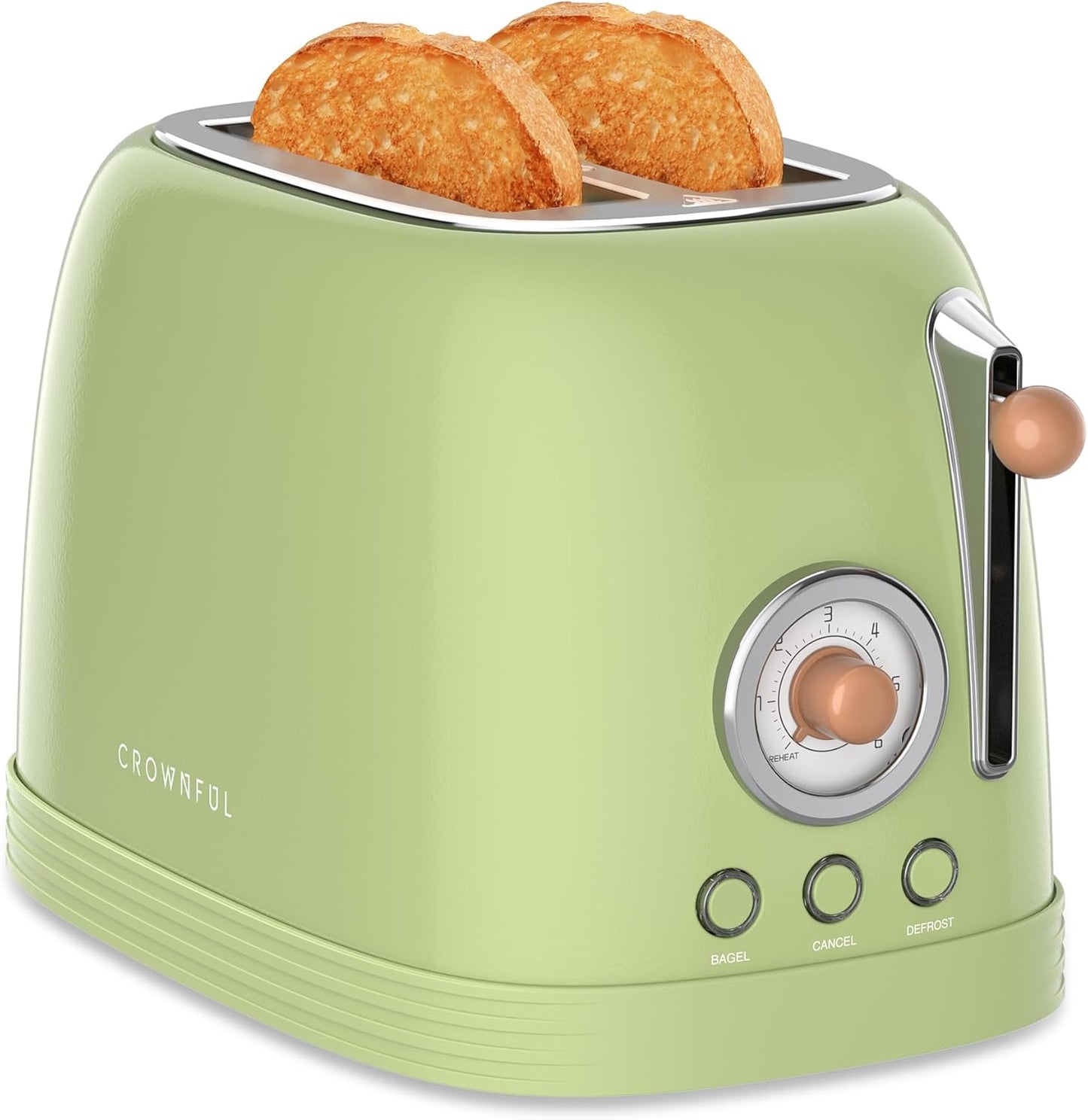 CROWNFUL 2-Slice Toaster, Extra Wide Slots Toaster, Retro Stainless Steel with Bagel, Cancel, Defrost, Reheat Function and 6-Shade Settings, Removal Crumb Tray, Green