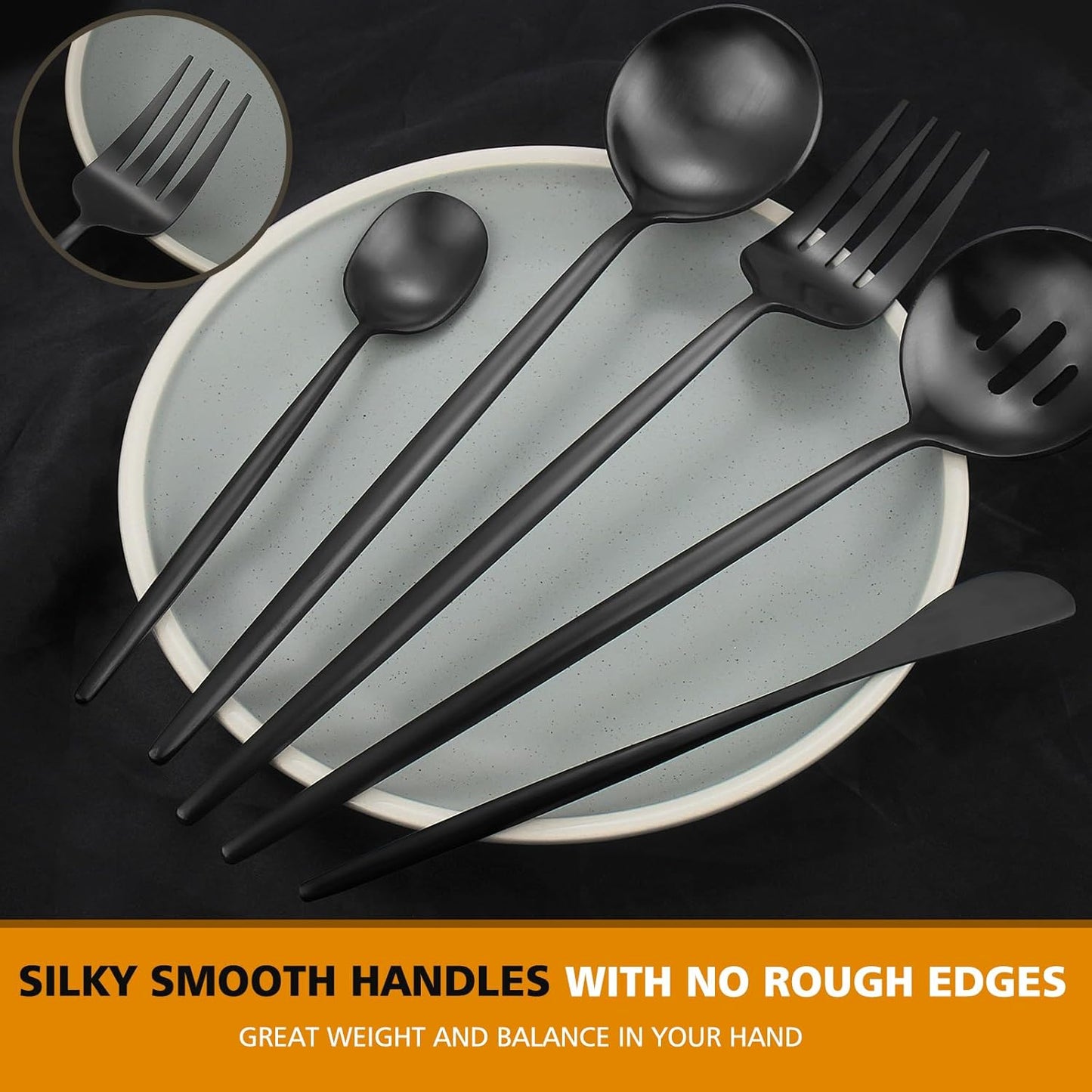 Matte Black Serving Set，Oliviola 5-Piece Stainless Steel Large Hostess Set with Round Edge, Satin Finished, Dishwasher Safe -Large Spoon, Large Fork,Butter Knife，Sugar Spoon & Slotted Spoon
