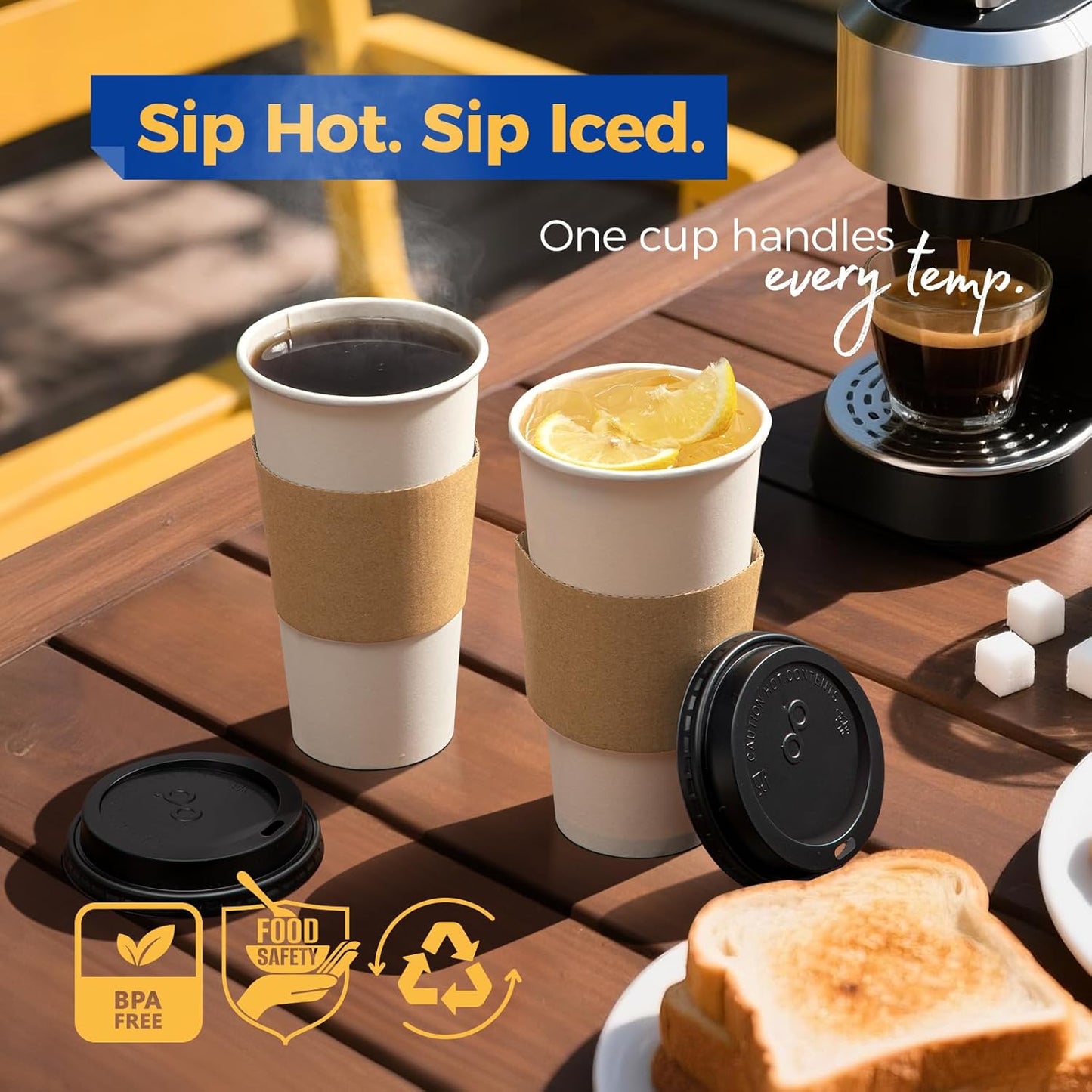 Fit Meal Prep 100 Pack 20 oz Disposable Coffee Cups with Lids, Sleeves, Leak-Proof To Go Coffee Cups with Lids, Durable Paper Cups for Hot Beverage, Home, Office, Party