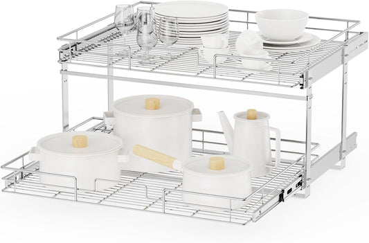 ROOMTEC Individual Pull Out Cabinet Organizer (27" W x 21½" D), 2 Tier Spice Rack Organizer for Cabinet, Slide Out Drawer Pantry Shelf Organization and Storage for Kitchen Bathroom