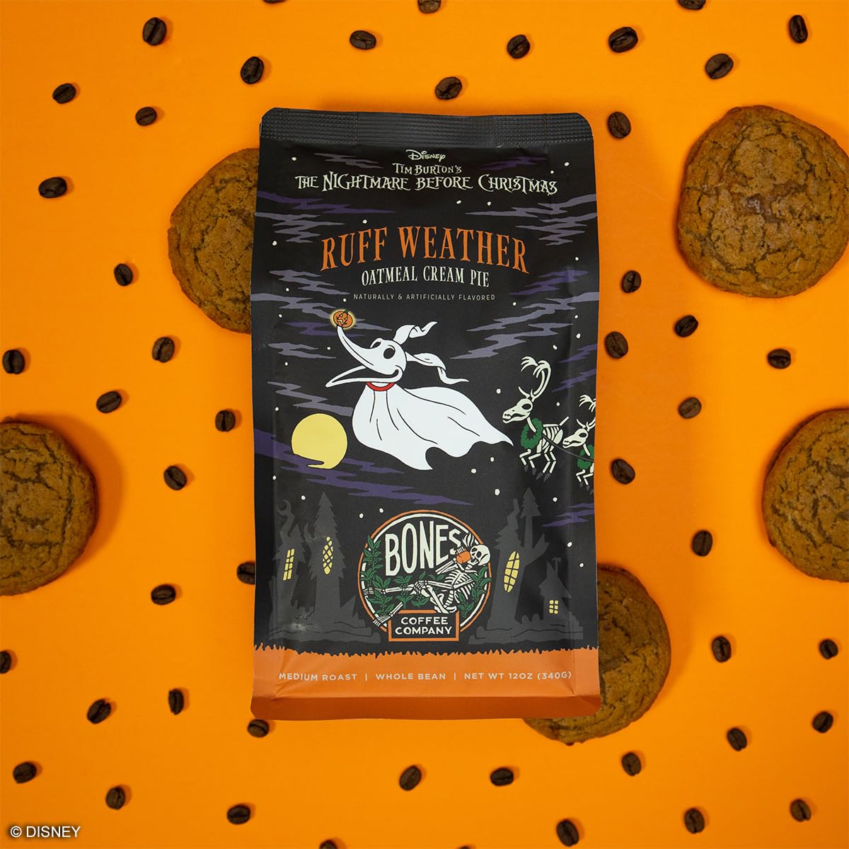 Bones Coffee Company The Nightmare Before Christmas Ruff Weather Flavored Coffee Beans, Medium Roast Ground Coffee Low Acid, Oatmeal Creampie Flavor (12 oz)