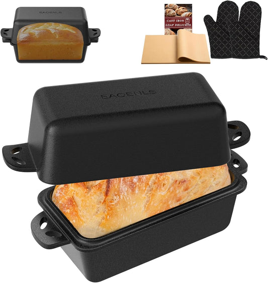 9×5 Inch Cast Iron Loaf Pan with Lid, 2 in 1 Loaf Bread Baking Pans for Homemade Bread, 2 Piece Set