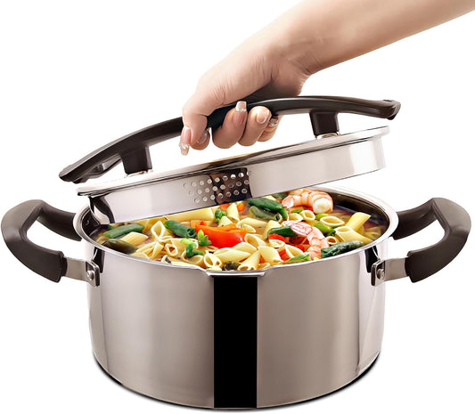 Stainless Steel Cookware Pasta Pot by Cyrder – 3 Quart, Strainer in Glass Lid, Two Side Spouts, Capsule Bottom Stock Pot, Durable & dishwasher safe