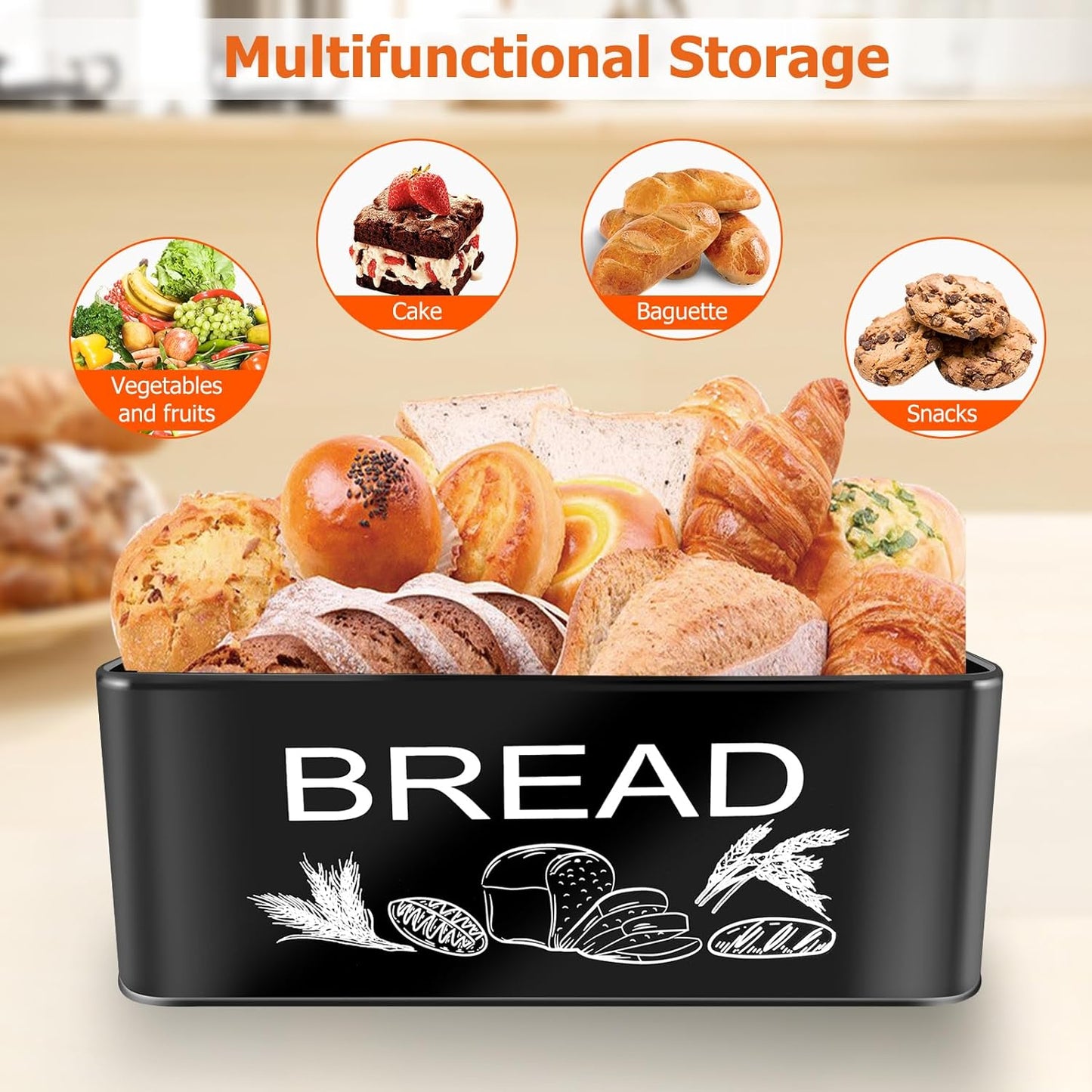 JIGUOOR Black Bread Box, Large Space Saving Vertical Metal Bread Box with Wooden Cutting Board Lid, Holds 2+ Loaves, Farmhouse Bread Bins Kitchen Bread Storage,Kitchen Parts Box 12.99" x 7.08" x 4.72"