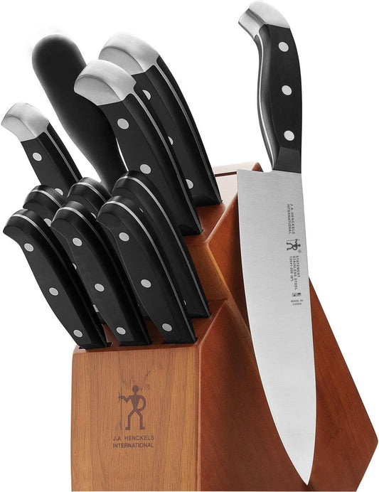 HENCKELS Premium Quality 12-Piece Knife Set with Block and Knife Sharpener, Razor-Sharp, German Engineered Knife Informed by over 100 Years of Masterful Knife Making, Brown Block