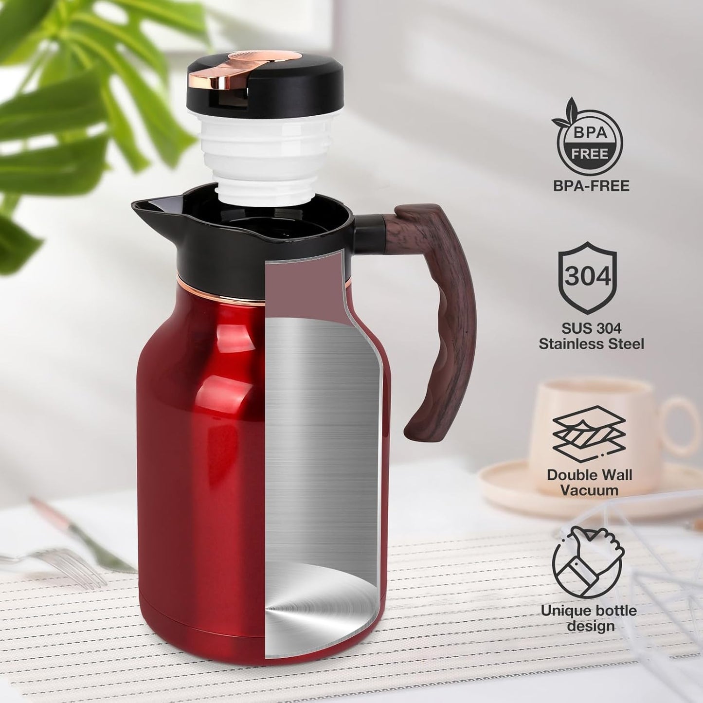 54oz Thermal Coffee Carafe, Stainless Steel Insulated Vacuum Carafe, Carafes for Keeping Hot, for Hot Water, Tea, Cold Drinks (Red)