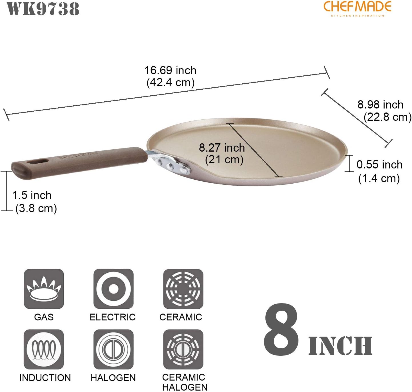 CHEFMADE Crepe Pan with Bamboo Spreader, 8-Inch Non-Stick Pancake Pan with Insulating Silicone Handle for Gas, Induction, Electric Cooker (Champagne Gold)