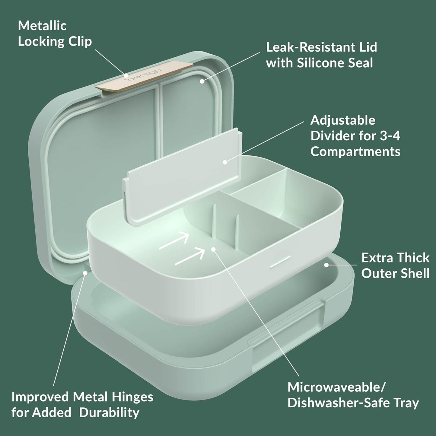 Bentgo Modern - Adult & Teen Bento Lunch Box; 3-4 Compartments, Leak-Resistant, 5.5 Cup Capacity/44 fl oz, Improved Locking Clips, Reusable, BPA-Free, Dishwasher/Microwave Safe Tray (Mint Green)