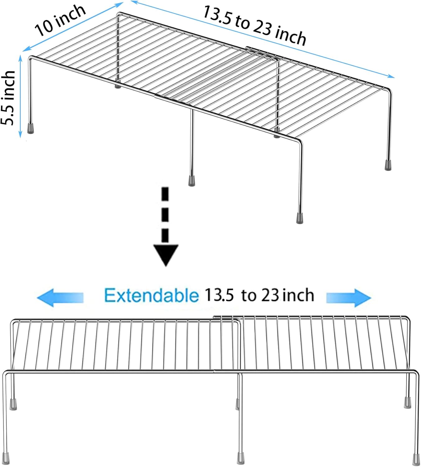 Redrubbit Cabinet Storage Shelf Rack, Expandable Metal Rustproof Kitchen Counter and Cabinet Shelf, Storage Rack Organizer Space Saver for Kitchen, Fridge, Cabinet, Bathroom, Chrome