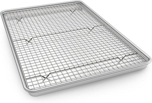 Half Sheet Pans with Rack Set, 18 Inch Commercial Quality Baking Sheet Pan Set, Natural Aluminum Cookie Sheet, Warp Resistant Nonstick Thick Cookie Tray Pans for Baking, Roasting
