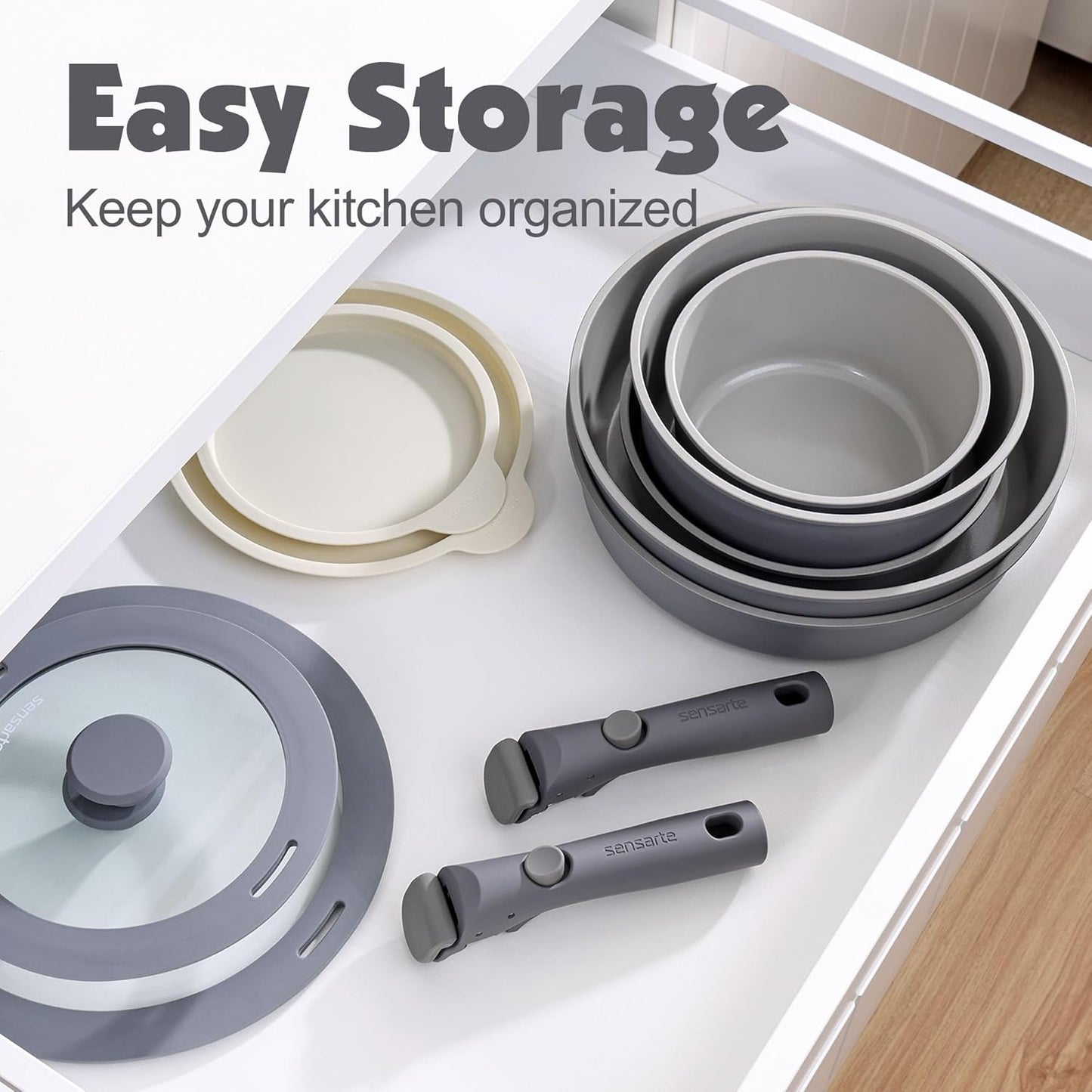 SENSARTE 17 Piece Ceramic Pots and Pans Set, Nonstick Detachable Handle Cookware, Induction Kitchen Cookware Set with Removable Handle, Dishwasher ＆ Oven Safe (Gray)