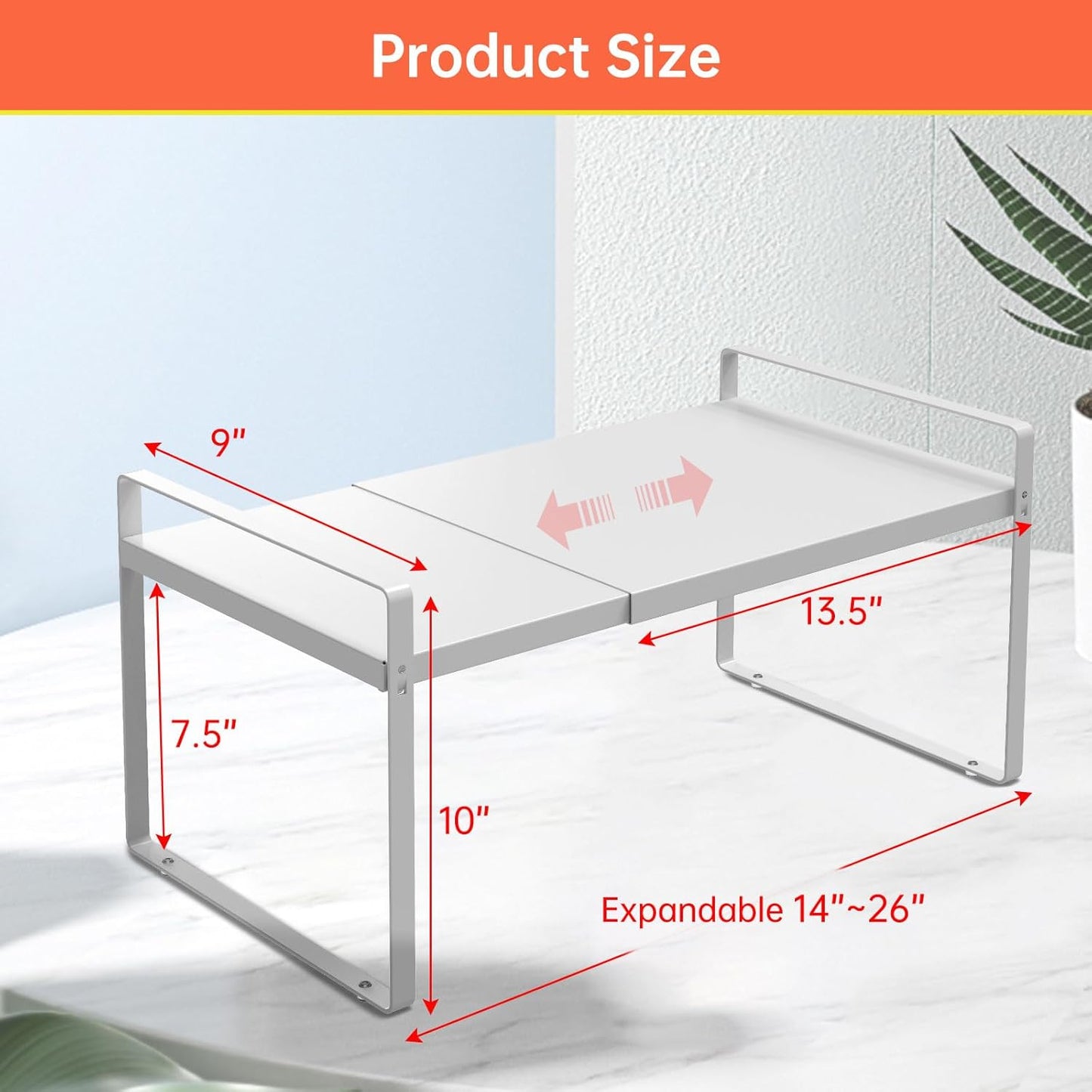 Adjustable Kitchen Shelf Organizer 9", (2 Pack) Heavy-Duty Cabinet Shelves for Countertop, Pantry & Microwave, Expandable Space-Saving Storage Rack with Non-Slip Pads, White