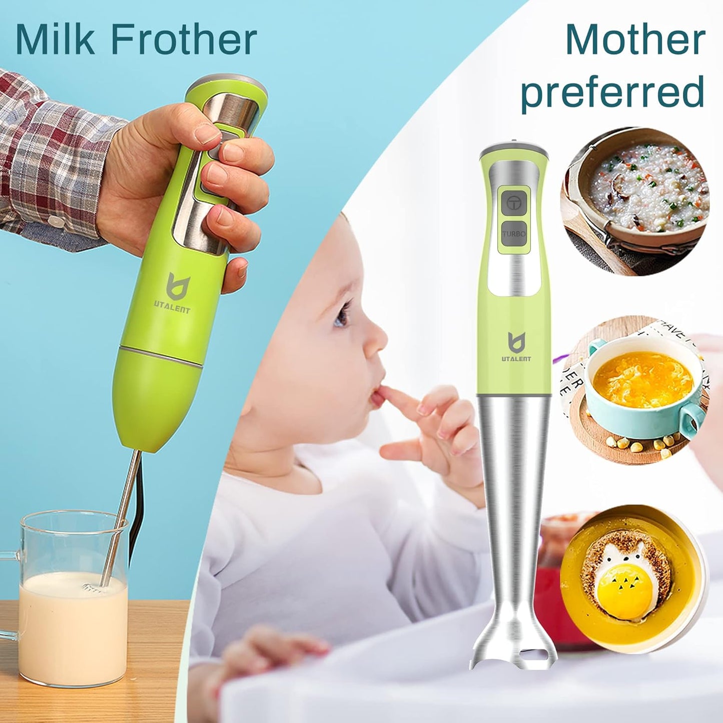 Immersion Hand Blender, UTALENT 3-in-1 8-Speed Stick Blender with Milk Frother, Egg Whisk for Coffee Milk Foam, Puree Baby Food, Smoothies, Sauces and Soups - Green