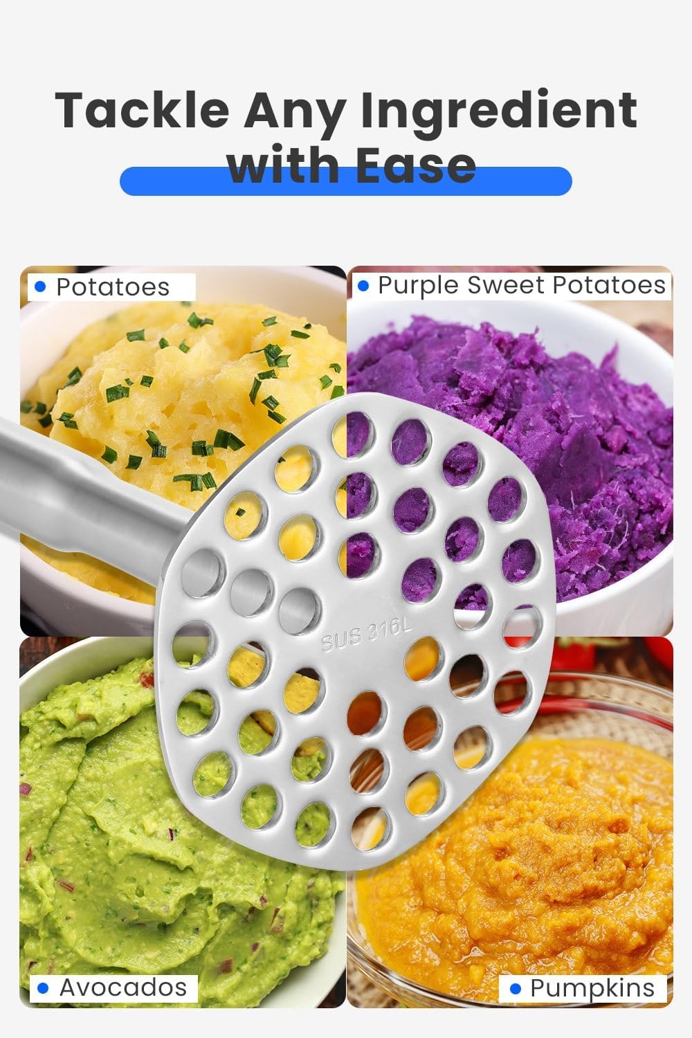 316L Stainless Steel Potato Masher Heavy Duty, Durable One-Piece Design Masher Kitchen Tool, Rustproof Potato Smasher for Mashing Potatoes, Beans, Avocados, Fruits & Vegetables, Dishwasher Safe