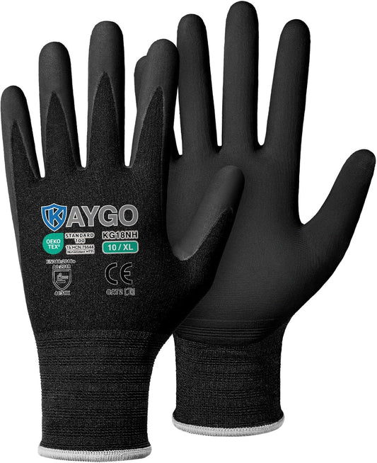 KAYGO Safety Work Gloves MicroFoam Nitrile Coated, 3 Pairs KG18NB,Seamless Knit Nylon Glove with full fingers Touchscreen, Ideal for Automotive,Warehouse,Construction (XL, Black)