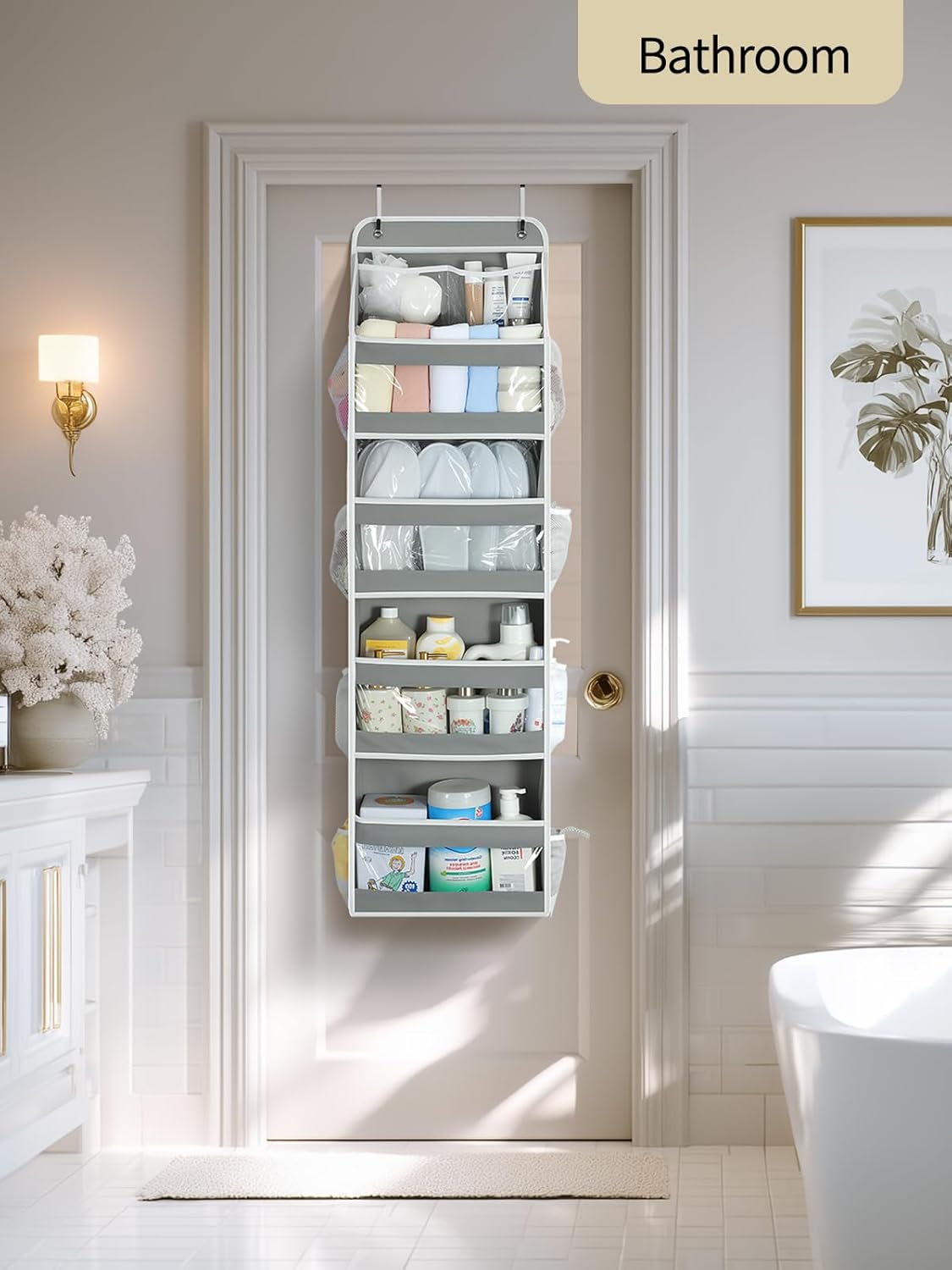 Yecaye 5 Tier 1Pc Over the Door Organizer, Swing-proof Door Organizer Hanging with Clear PVC Windows, Behind the Door Storage for Bedroom Nursery Closet Laundry Pantry Bathroom, Grey