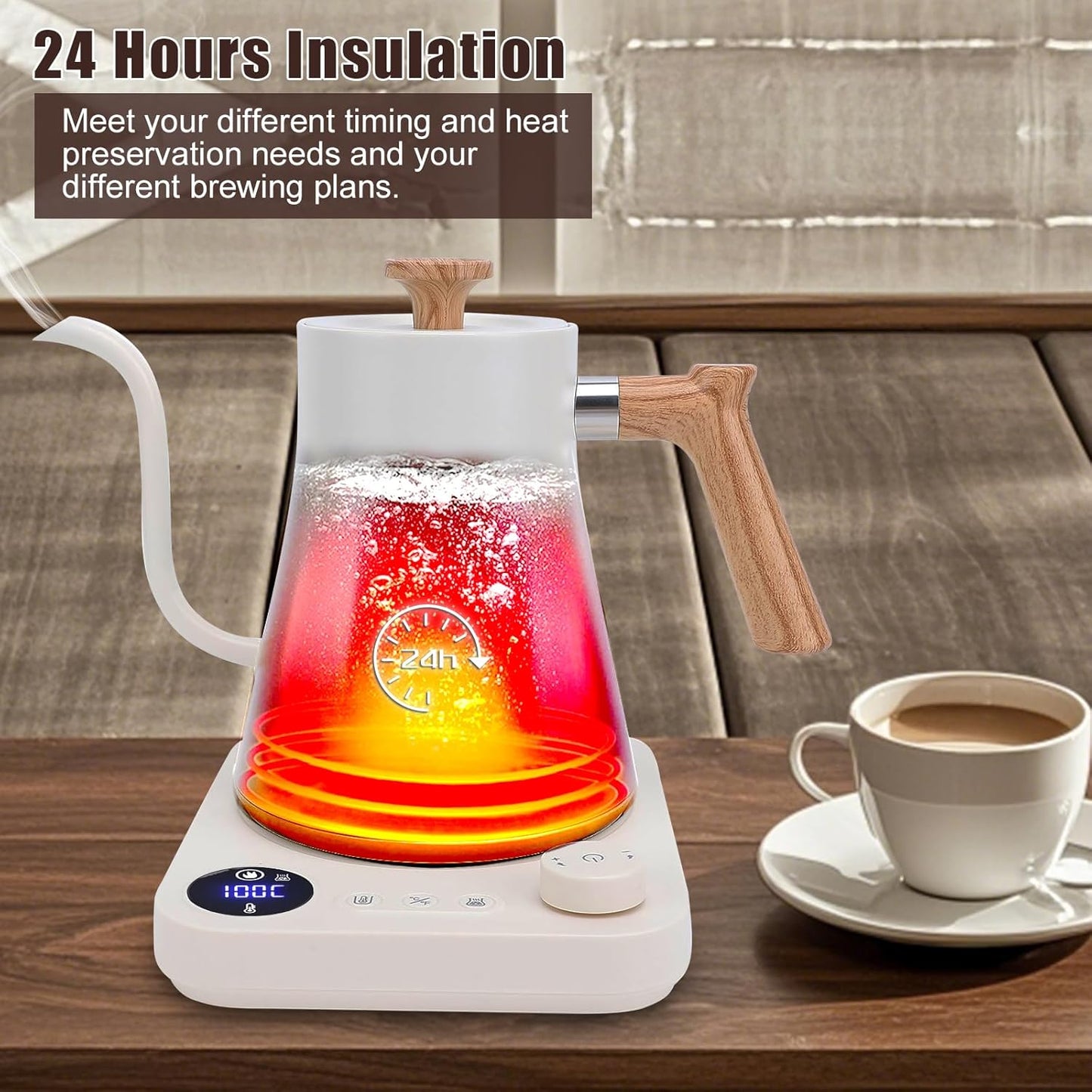 Electric Gooseneck Kettle for Pour Over Coffee/Tea, 1200W 0.9L Quick Heating Electric Kettles with Stainless Steel Inner, LCD Screen, Timing Constant Temperature, Auto Shut Off (White)