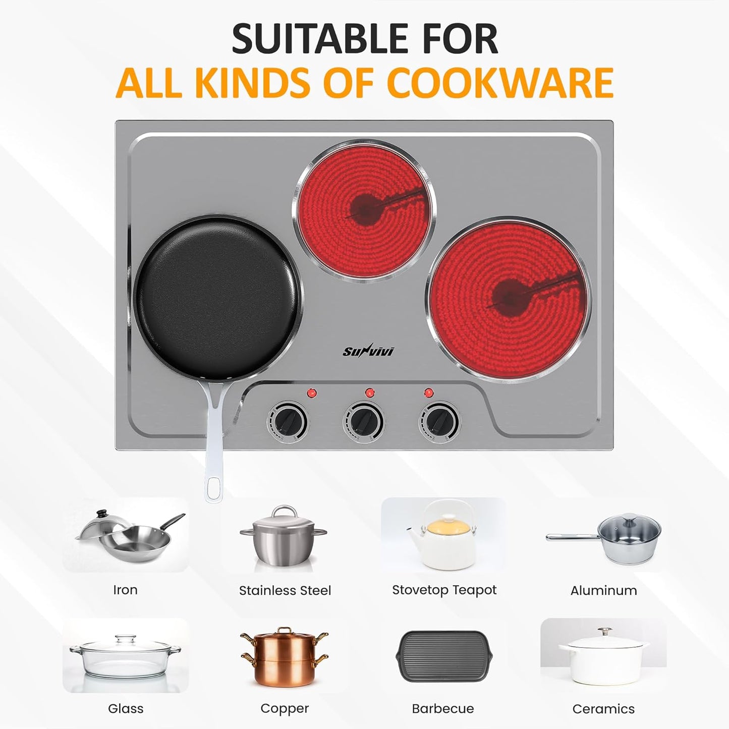 Sunvivi 1800W Triple Burner Portable Electric Ceramic Stove – Knob Control, Indicator Light, Compatible with All Cookware, Ideal for Multiple Cooking Scenarios, Silver